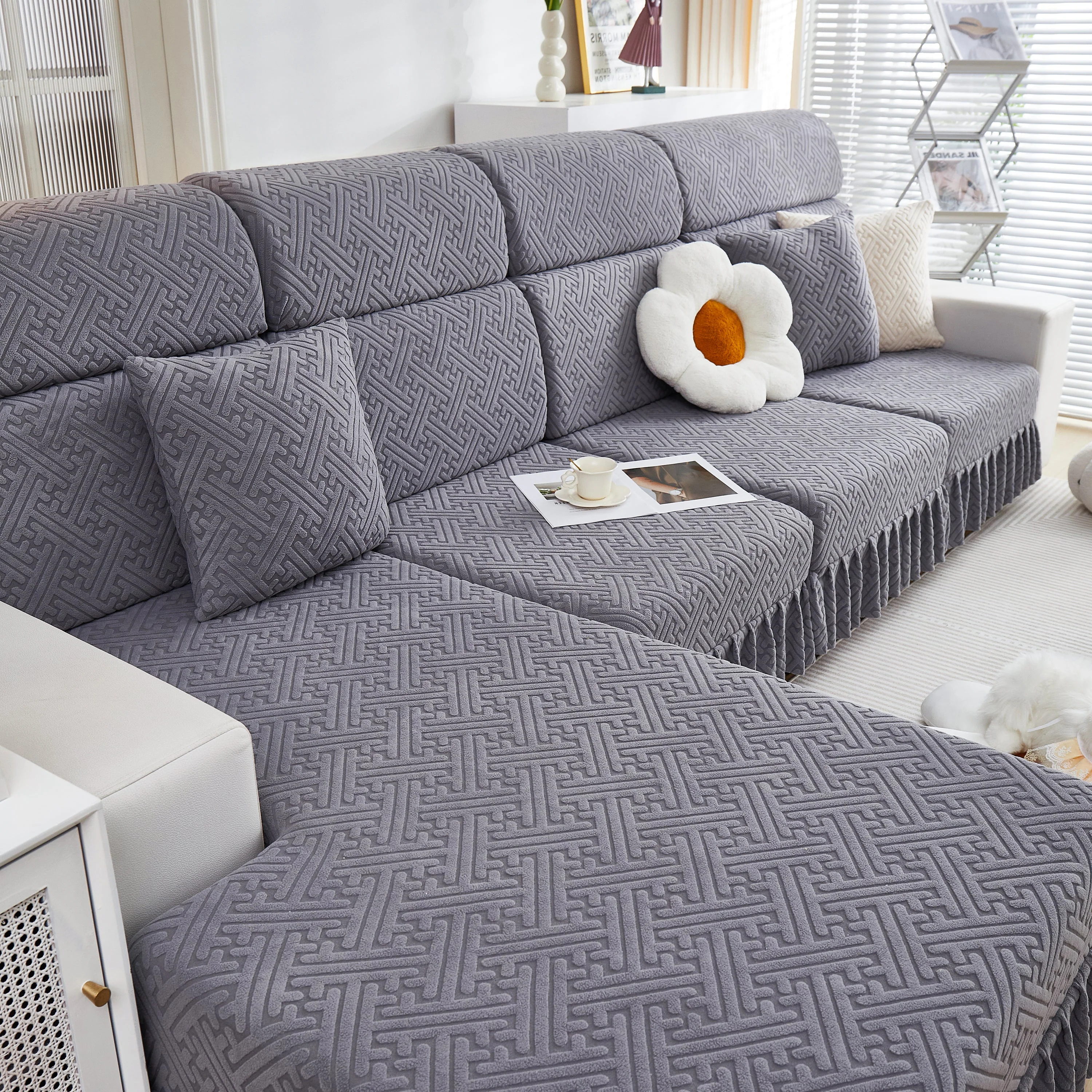 Stretch Sofa Covers with Skirt for Couch Seat and Cushion, Chaise, Sectional, 1/2/3/4 Seater Sofas - Image 62
