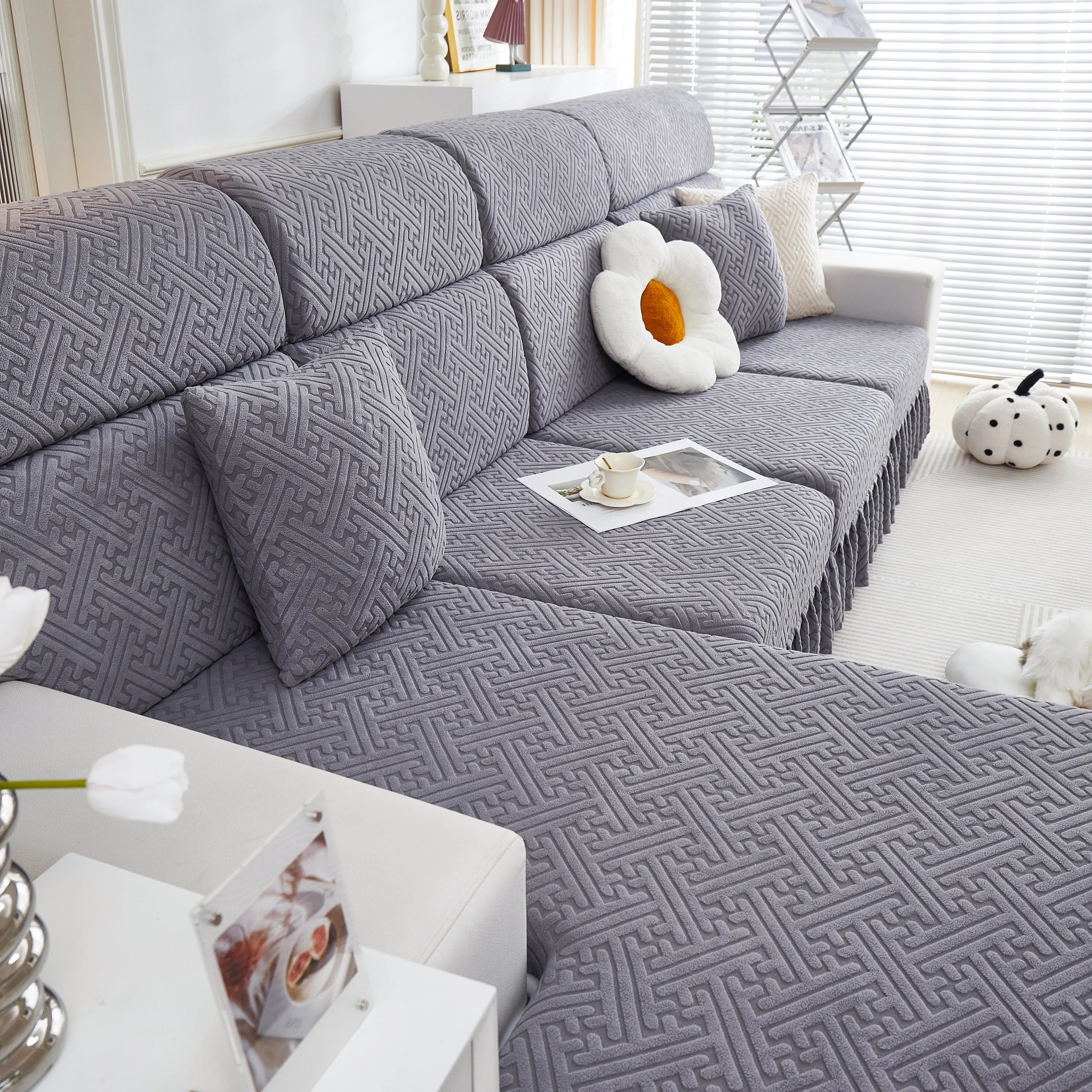 Stretch Sofa Covers with Skirt for Couch Seat and Cushion, Chaise, Sectional, 1/2/3/4 Seater Sofas - Image 63