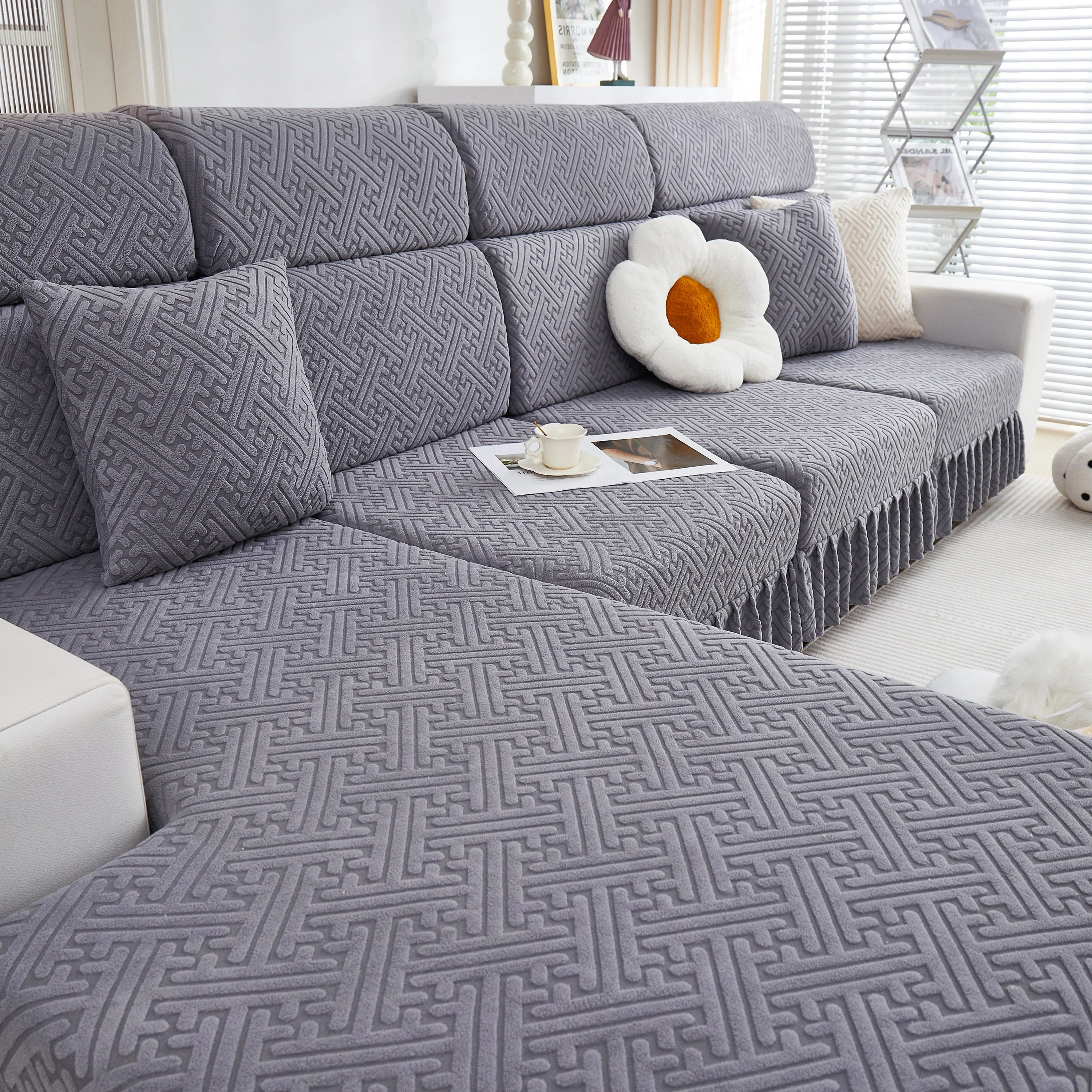 Stretch Sofa Covers with Skirt for Couch Seat and Cushion, Chaise, Sectional, 1/2/3/4 Seater Sofas - Image 65