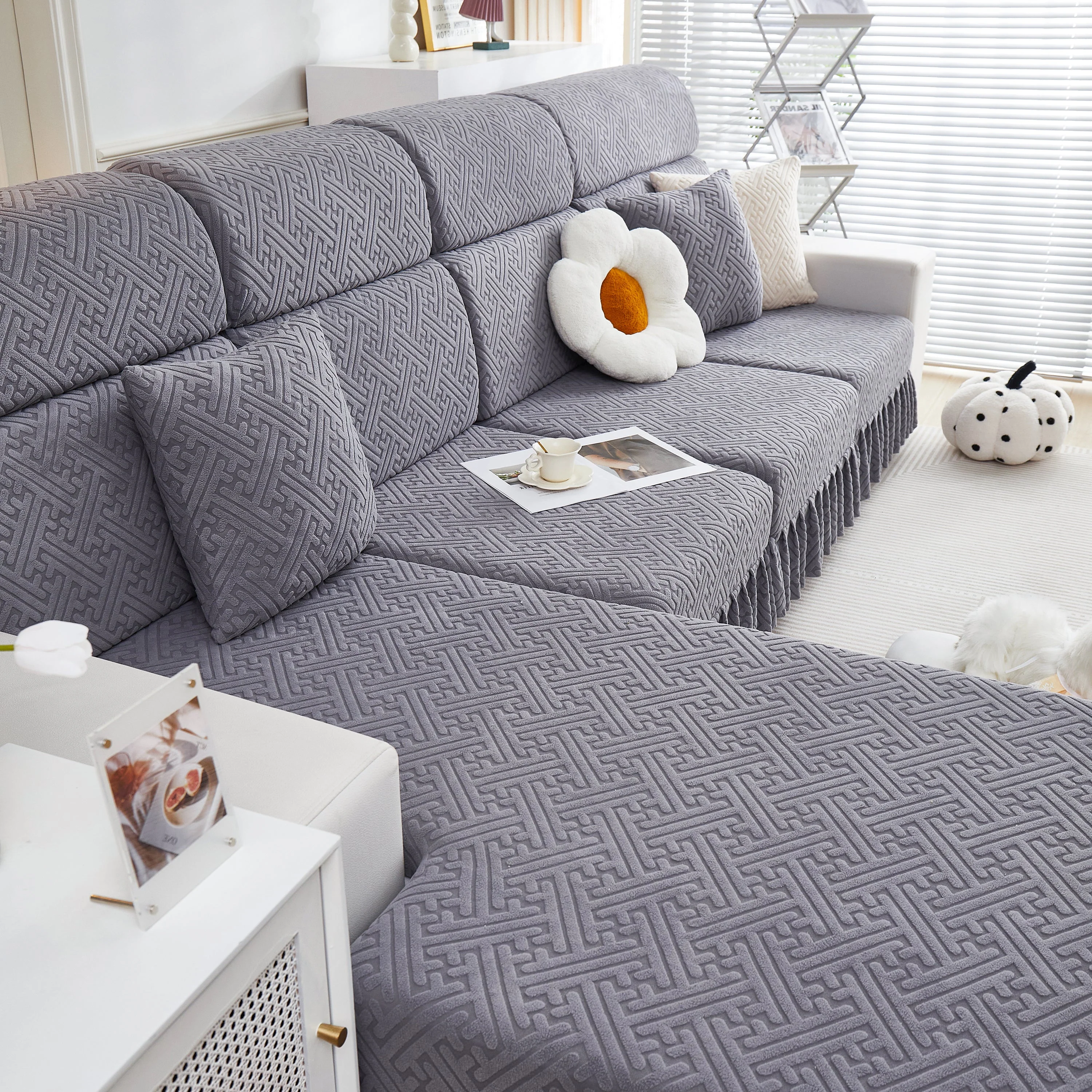 Stretch Sofa Covers with Skirt for Couch Seat and Cushion, Chaise, Sectional, 1/2/3/4 Seater Sofas - Image 66