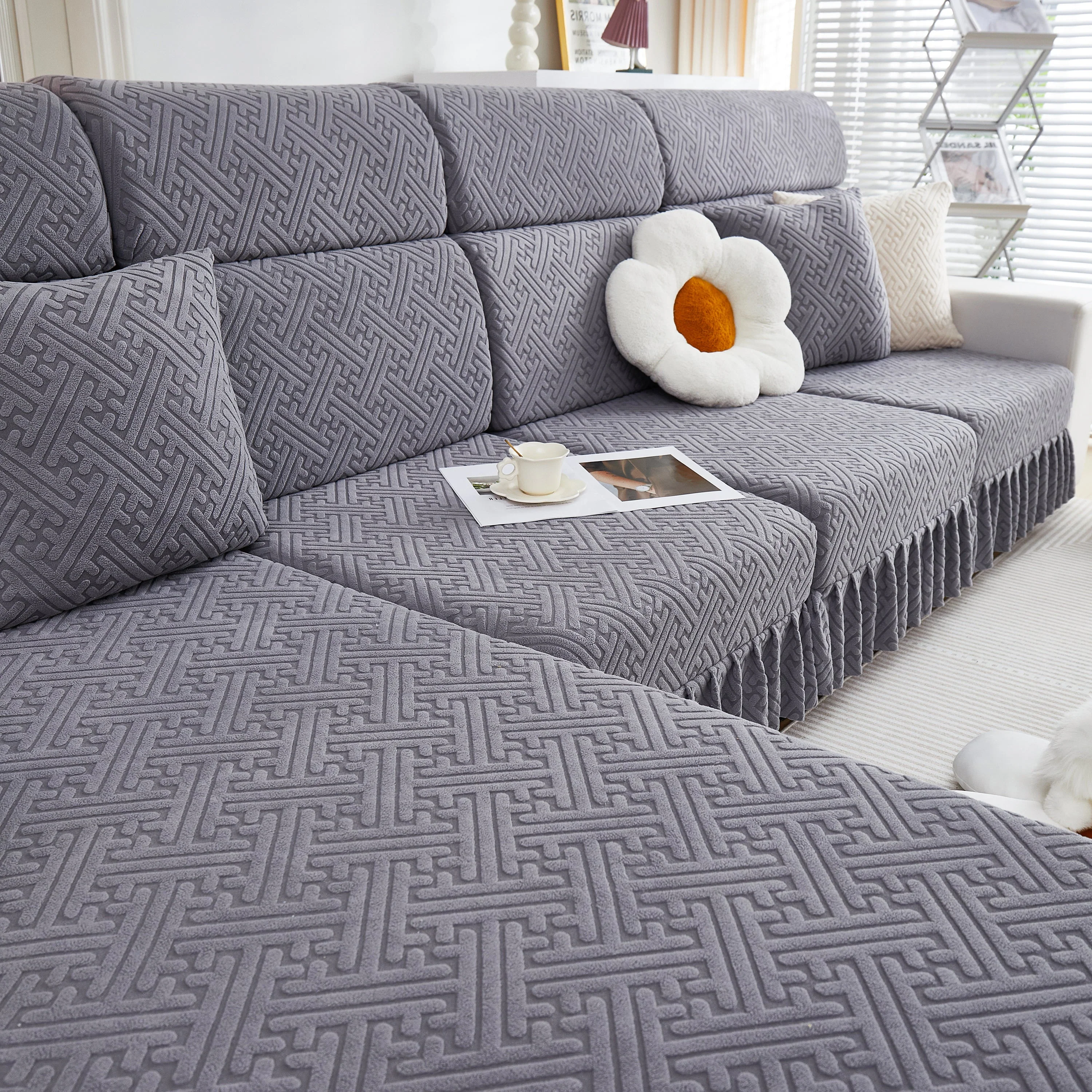 Stretch Sofa Covers with Skirt for Couch Seat and Cushion, Chaise, Sectional, 1/2/3/4 Seater Sofas - Image 67