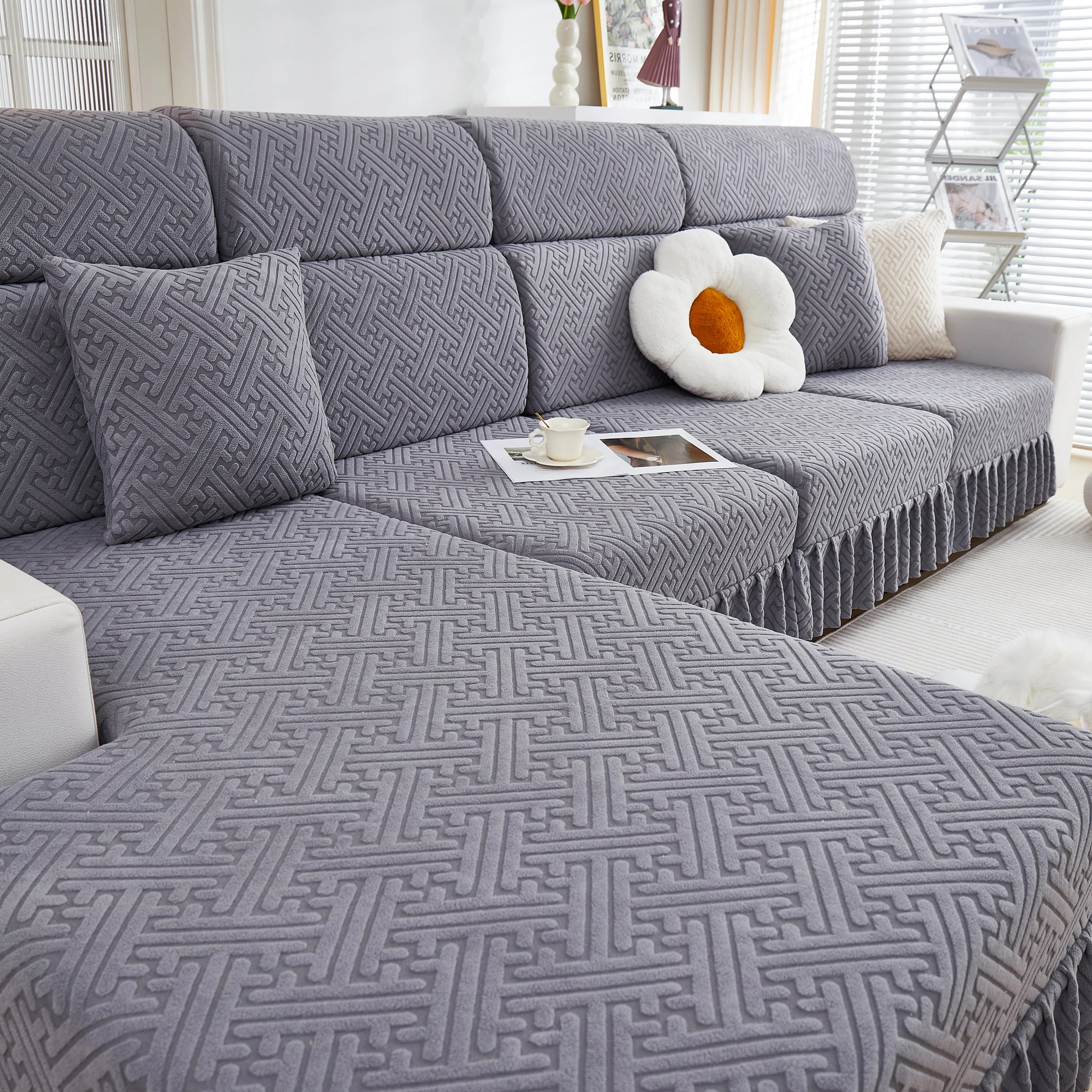 Stretch Sofa Covers with Skirt for Couch Seat and Cushion, Chaise, Sectional, 1/2/3/4 Seater Sofas - Image 68