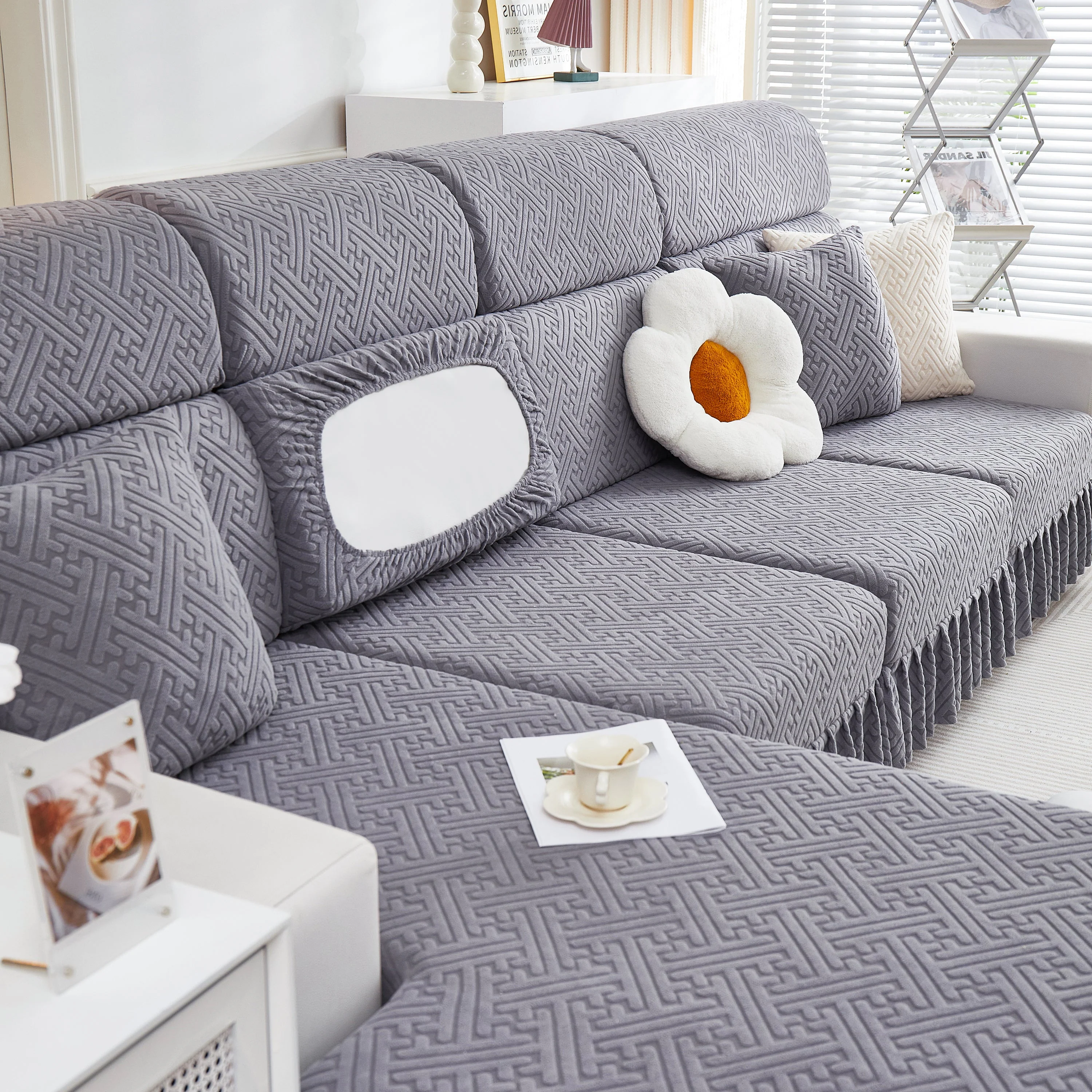 Stretch Sofa Covers with Skirt for Couch Seat and Cushion, Chaise, Sectional, 1/2/3/4 Seater Sofas - Image 70