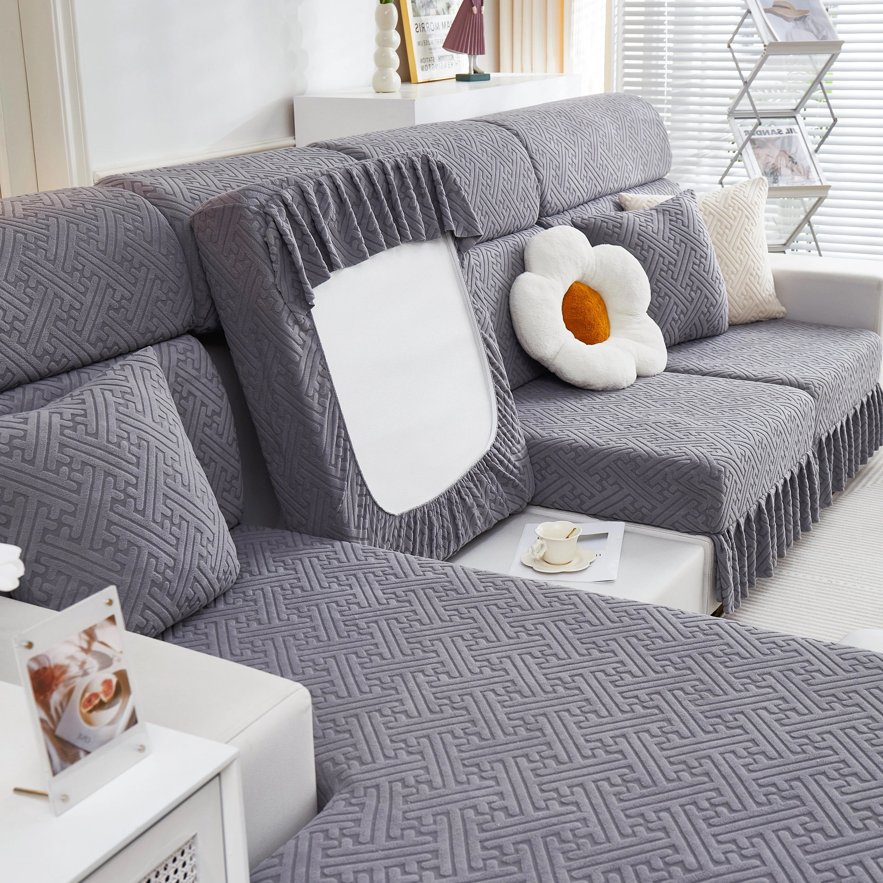 Stretch Sofa Covers with Skirt for Couch Seat and Cushion, Chaise, Sectional, 1/2/3/4 Seater Sofas - Image 71