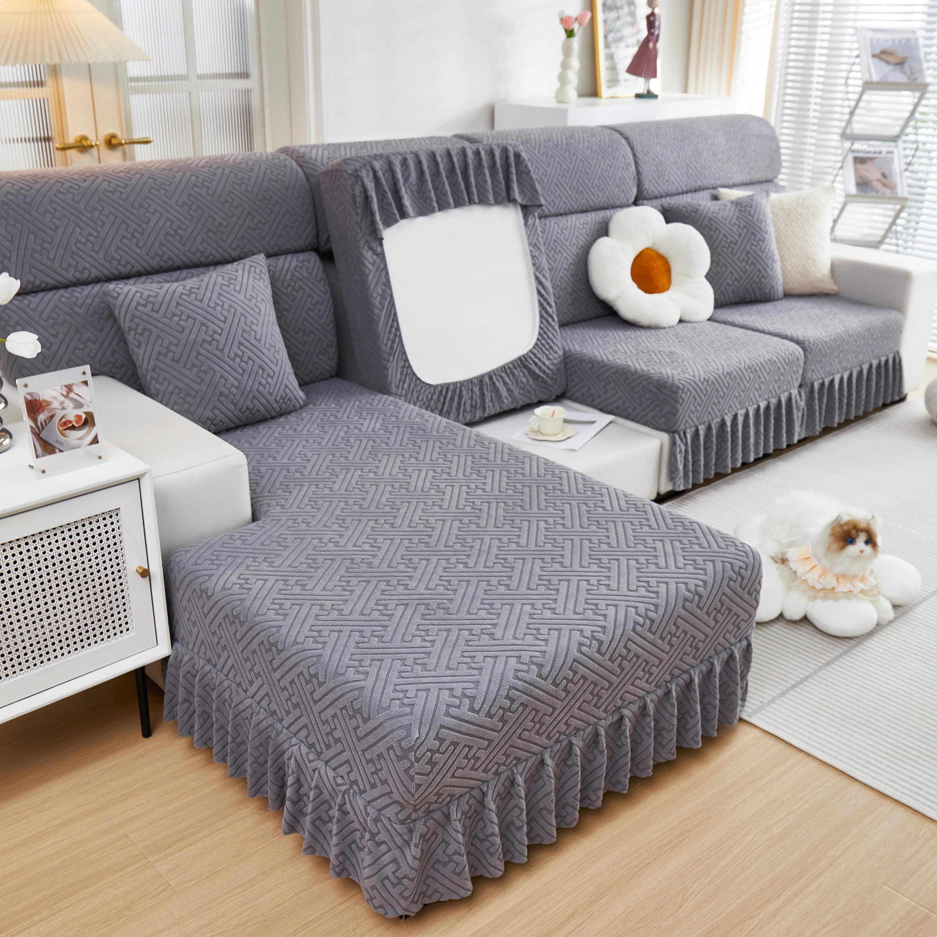 Stretch Sofa Covers with Skirt for Couch Seat and Cushion, Chaise, Sectional, 1/2/3/4 Seater Sofas - Image 72