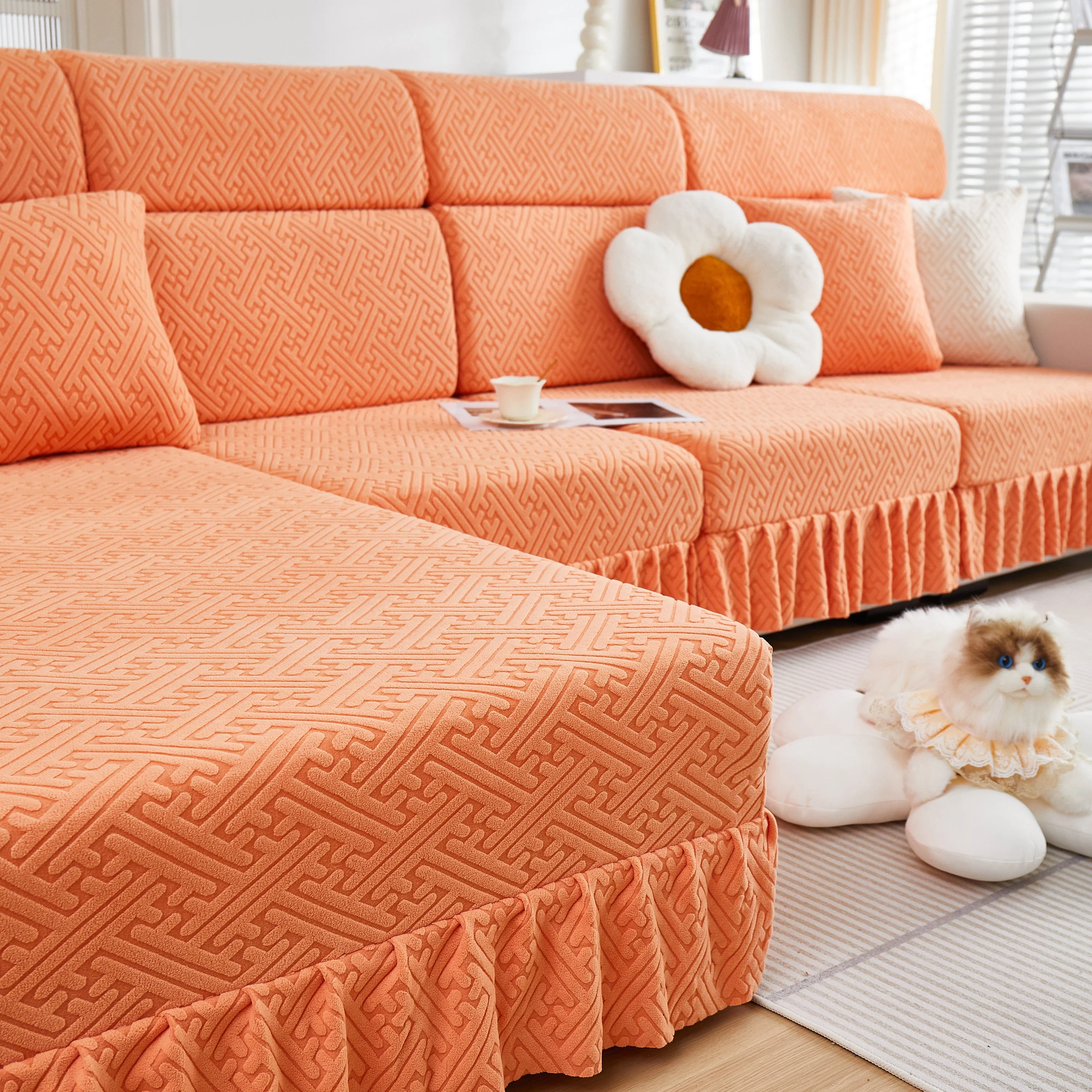 Stretch Sofa Covers with Skirt for Couch Seat and Cushion, Chaise, Sectional, 1/2/3/4 Seater Sofas - Image 79