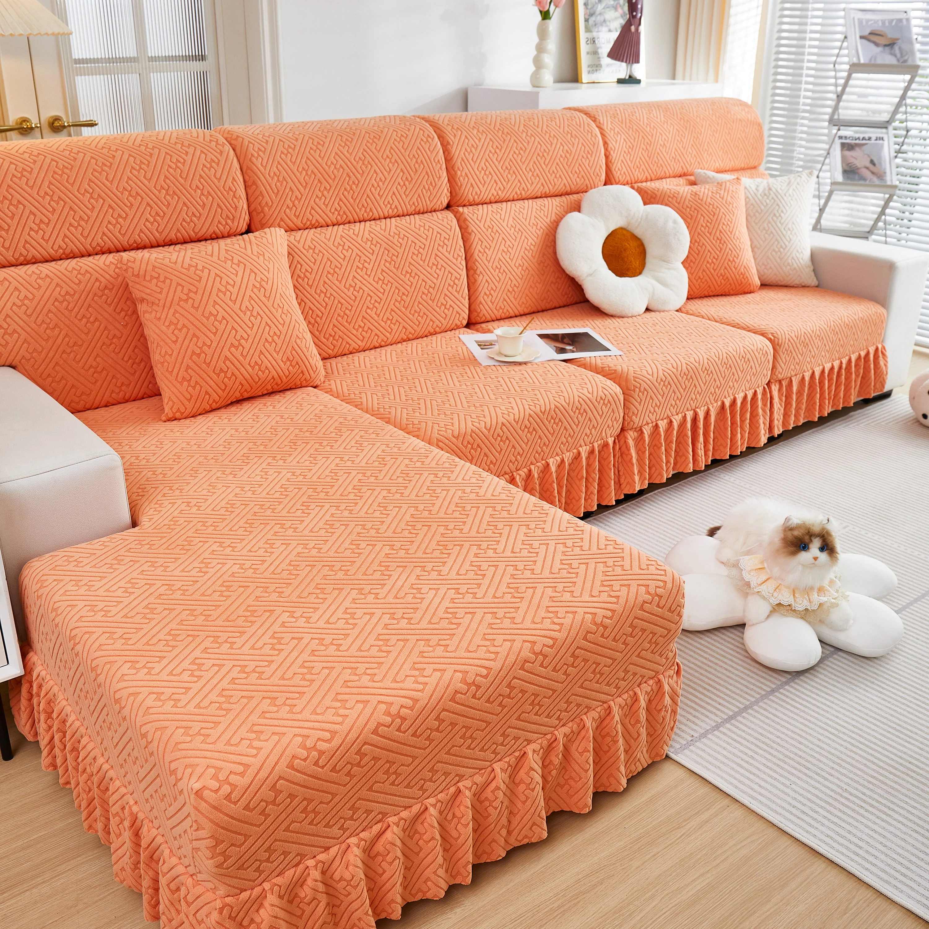Stretch Sofa Covers with Skirt for Couch Seat and Cushion, Chaise, Sectional, 1/2/3/4 Seater Sofas - Image 81