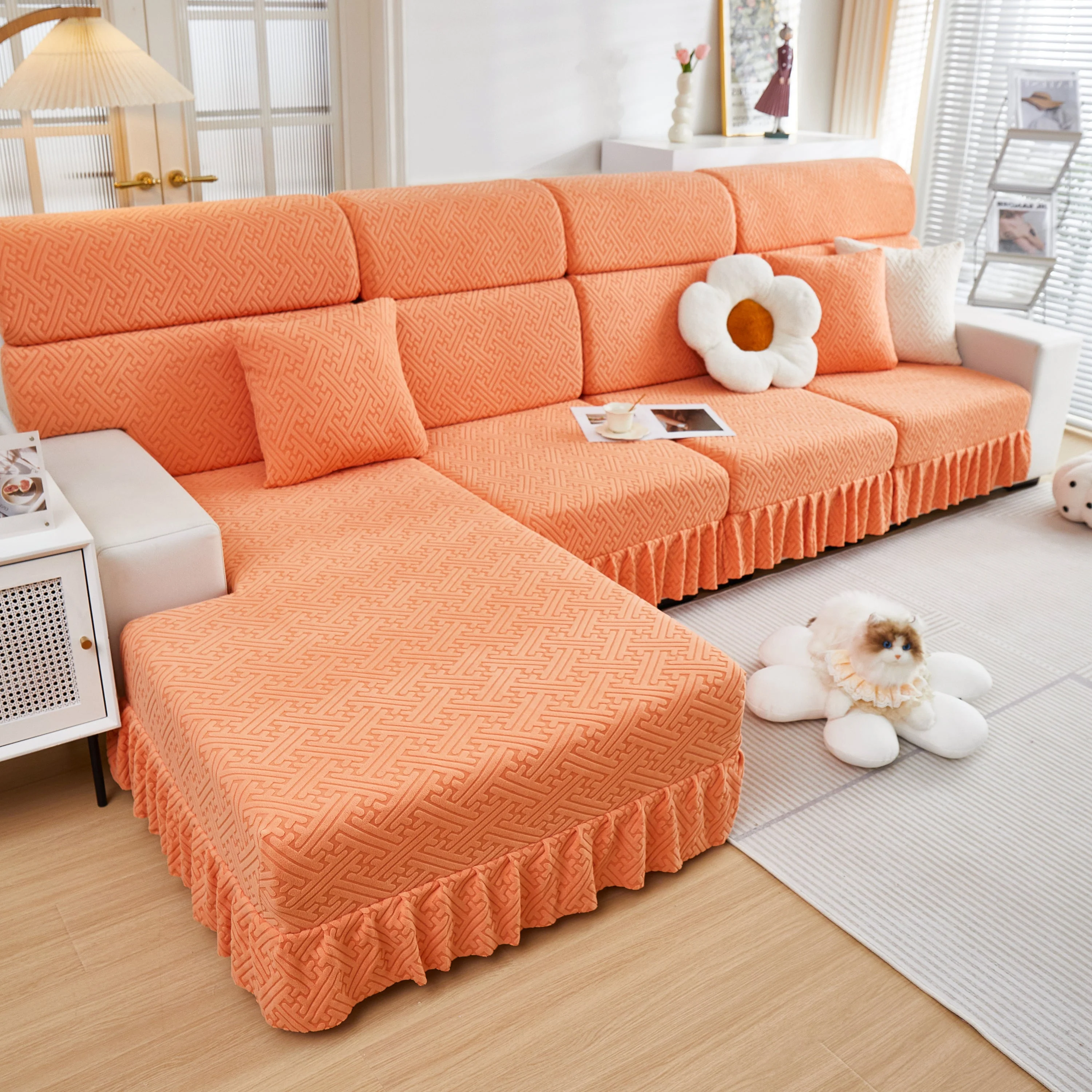 Stretch Sofa Covers with Skirt for Couch Seat and Cushion, Chaise, Sectional, 1/2/3/4 Seater Sofas - Image 82