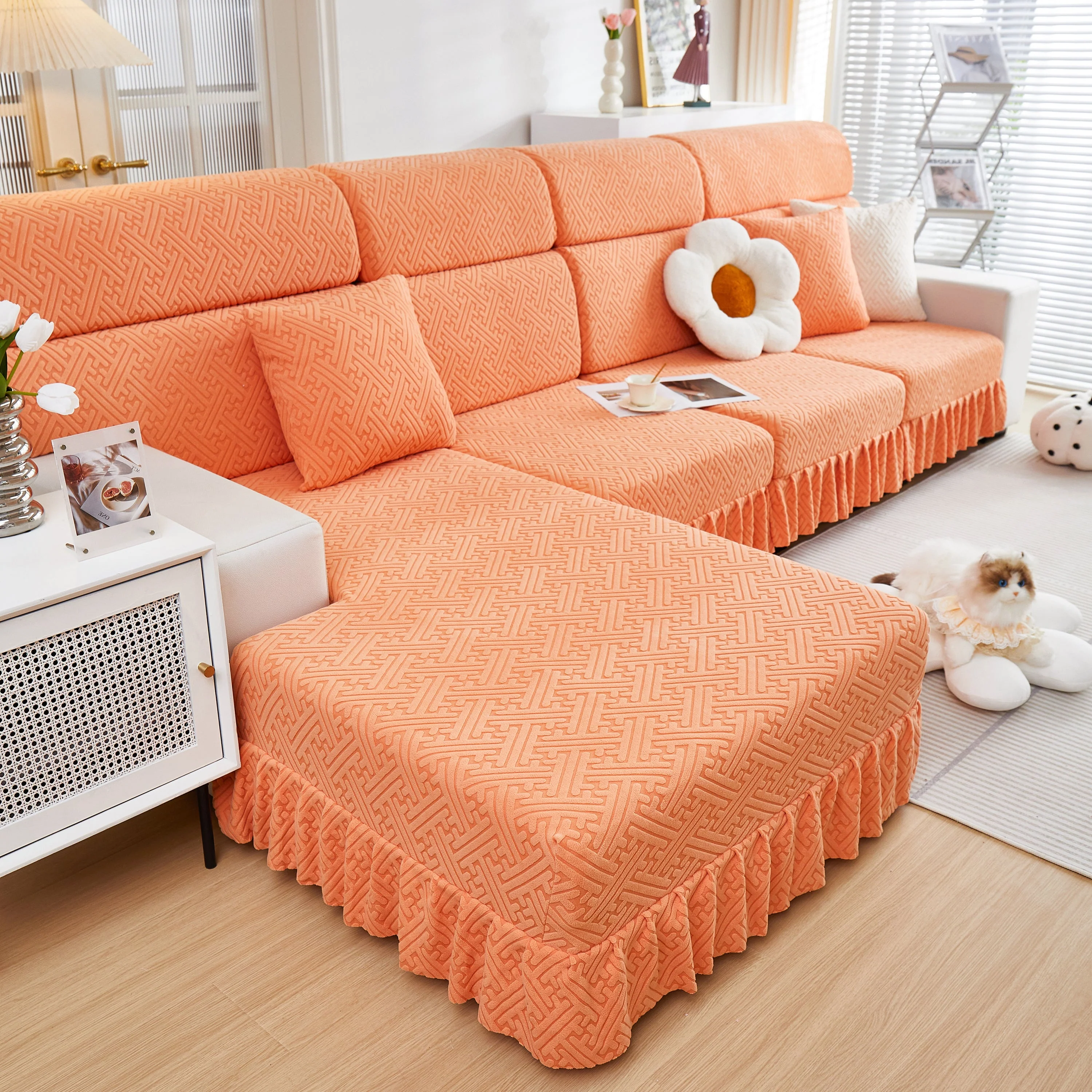Stretch Sofa Covers with Skirt for Couch Seat and Cushion, Chaise, Sectional, 1/2/3/4 Seater Sofas - Image 83