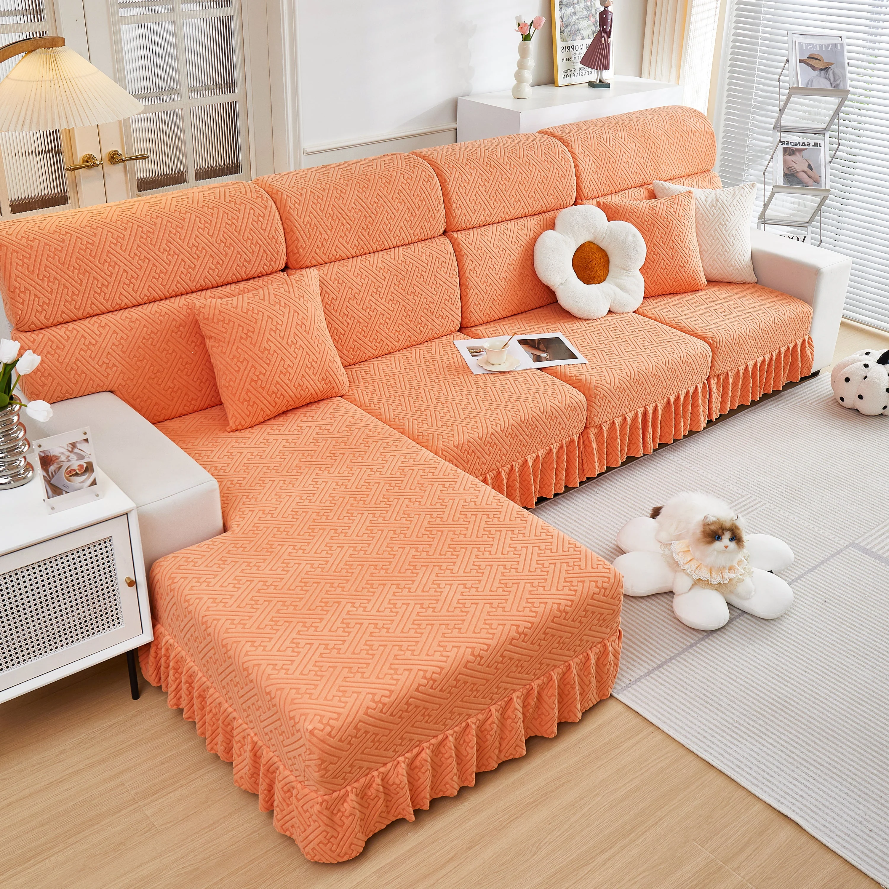 Stretch Sofa Covers with Skirt for Couch Seat and Cushion, Chaise, Sectional, 1/2/3/4 Seater Sofas - Image 84