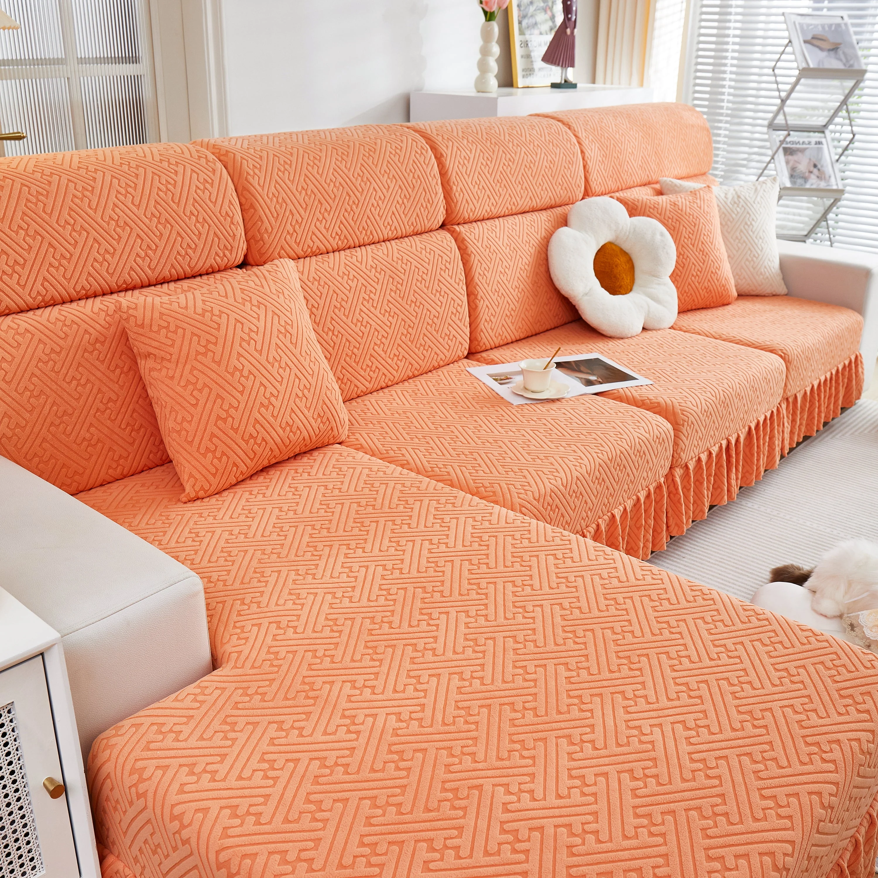 Stretch Sofa Covers with Skirt for Couch Seat and Cushion, Chaise, Sectional, 1/2/3/4 Seater Sofas - Image 85