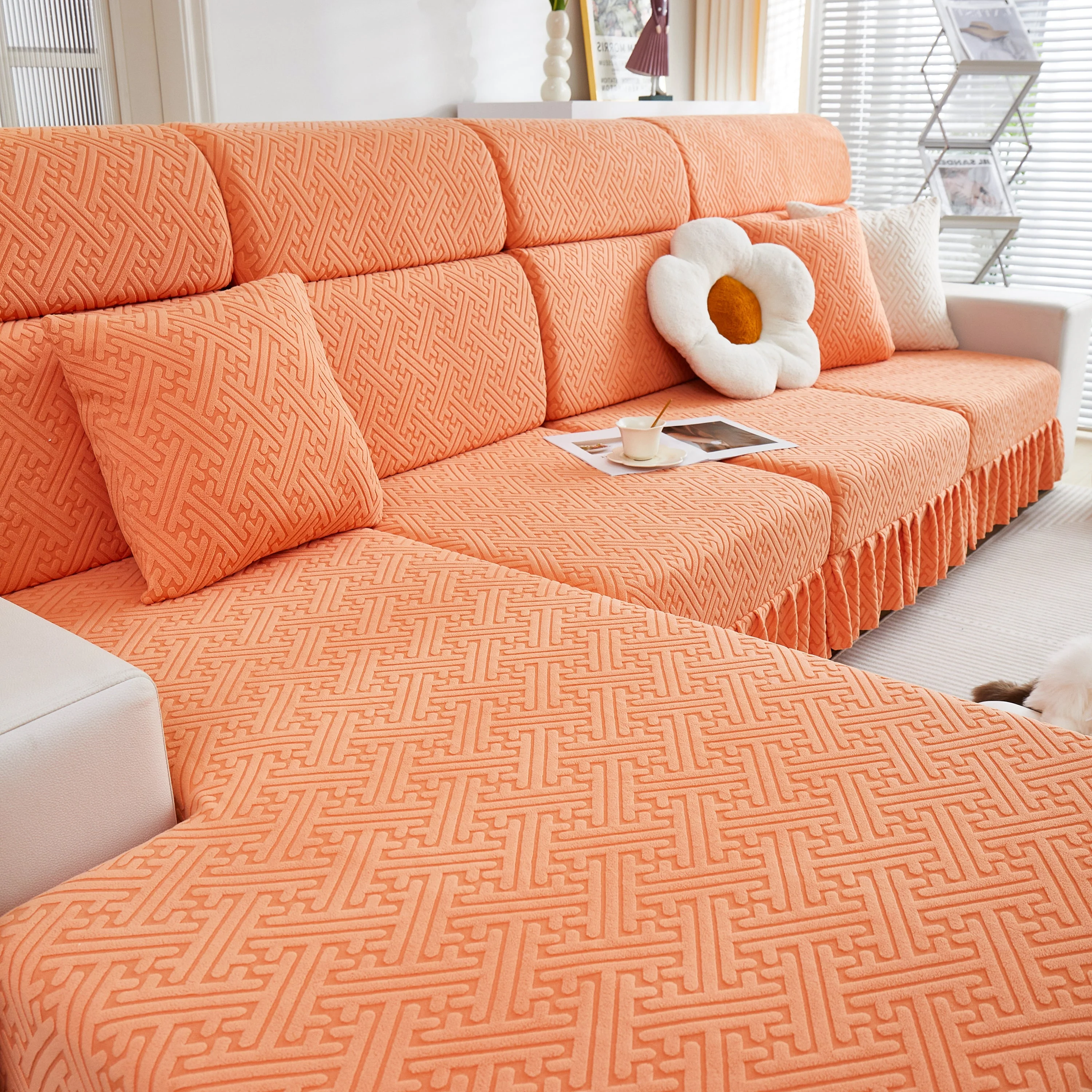 Stretch Sofa Covers with Skirt for Couch Seat and Cushion, Chaise, Sectional, 1/2/3/4 Seater Sofas - Image 89