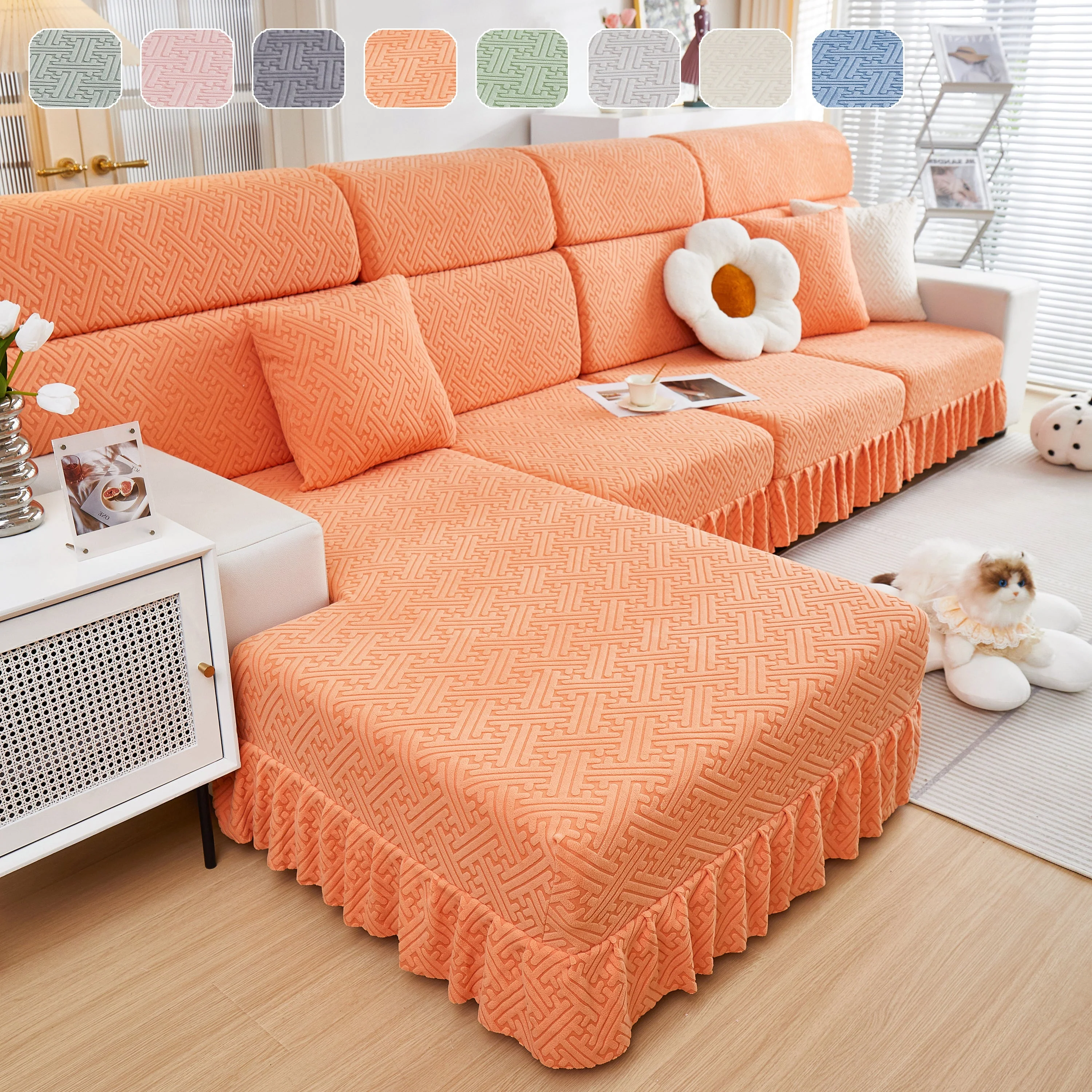 Stretch Sofa Covers with Skirt for Couch Seat and Cushion, Chaise, Sectional, 1/2/3/4 Seater Sofas - Image 9