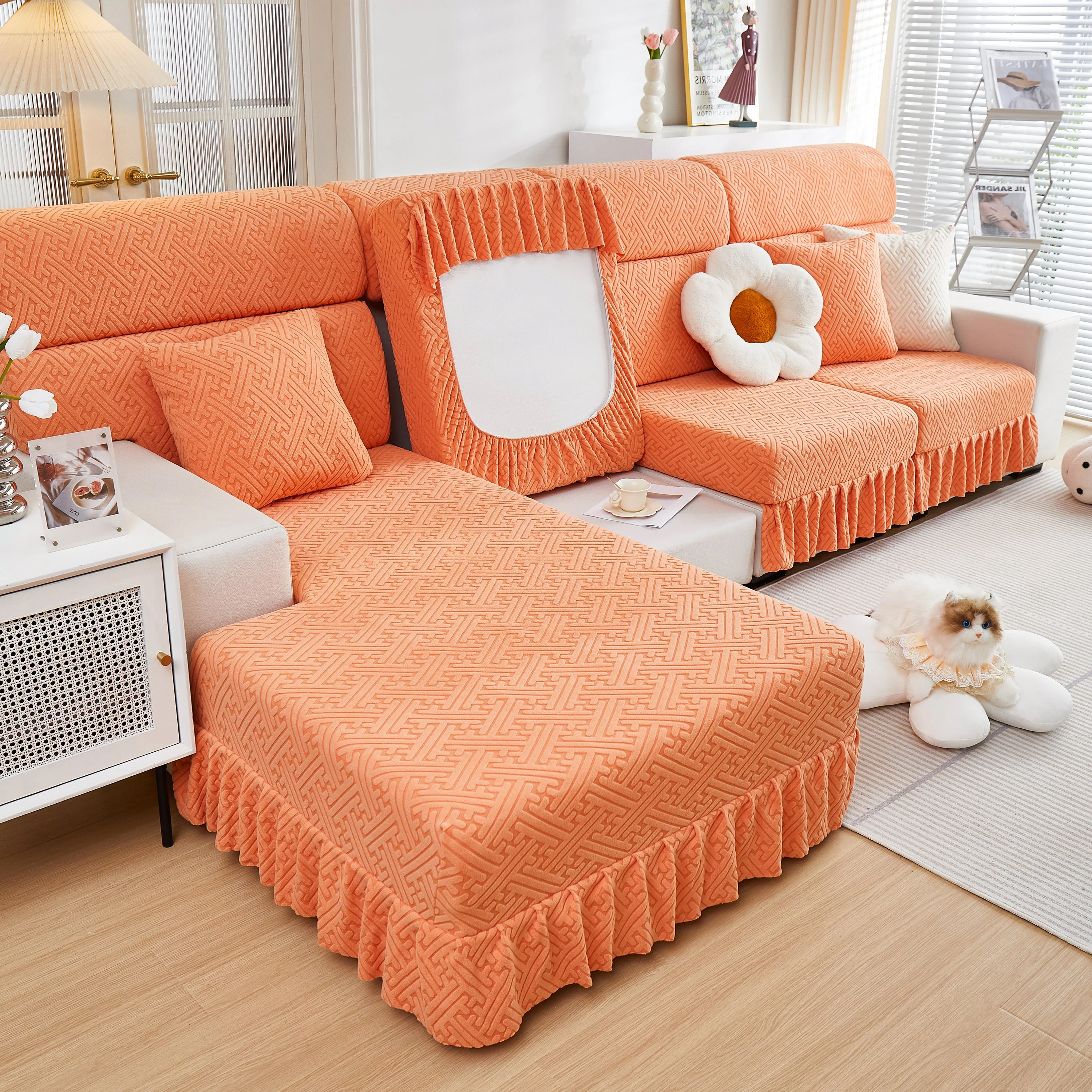 Stretch Sofa Covers with Skirt for Couch Seat and Cushion, Chaise, Sectional, 1/2/3/4 Seater Sofas - Image 91