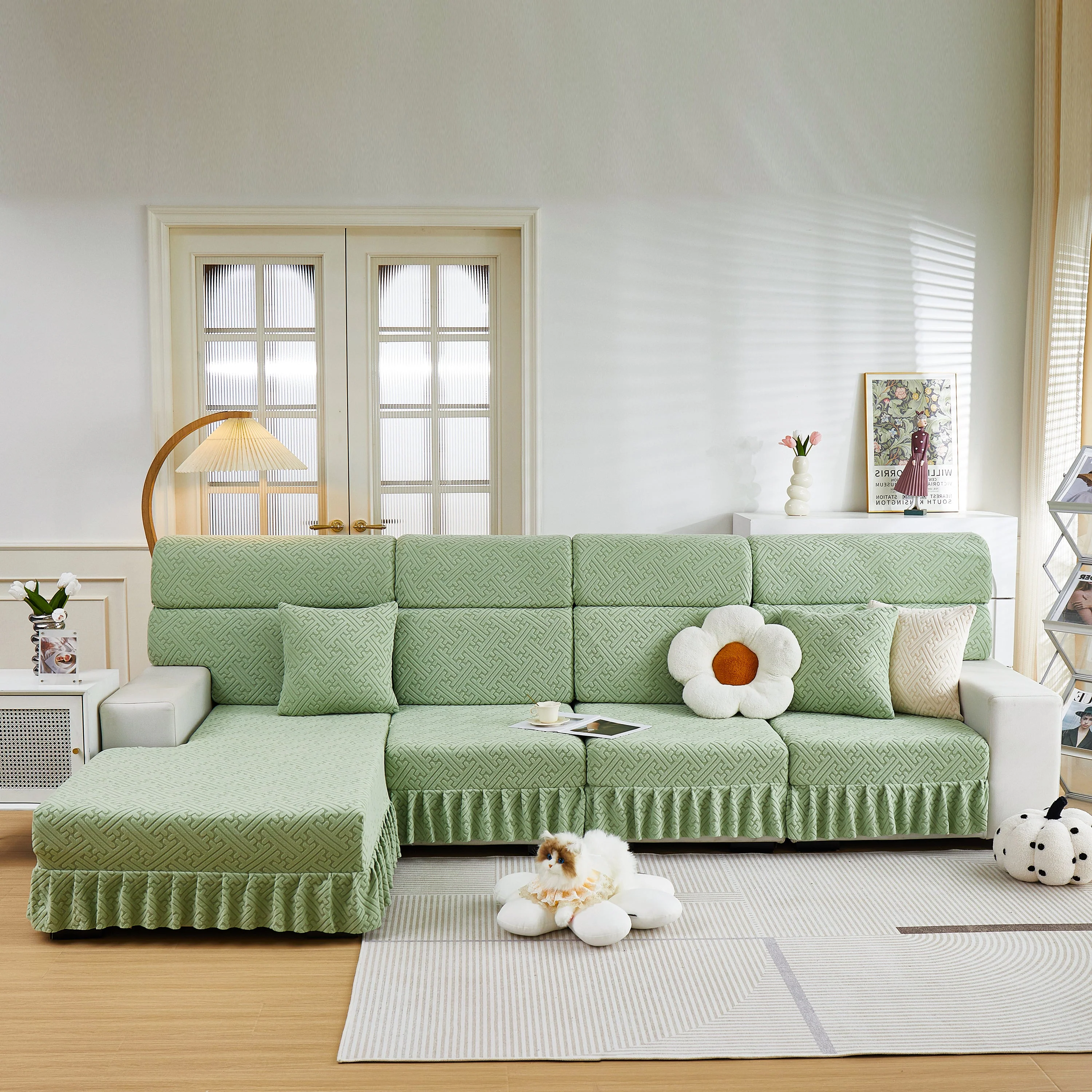 Stretch Sofa Covers with Skirt for Couch Seat and Cushion, Chaise, Sectional, 1/2/3/4 Seater Sofas - Image 93