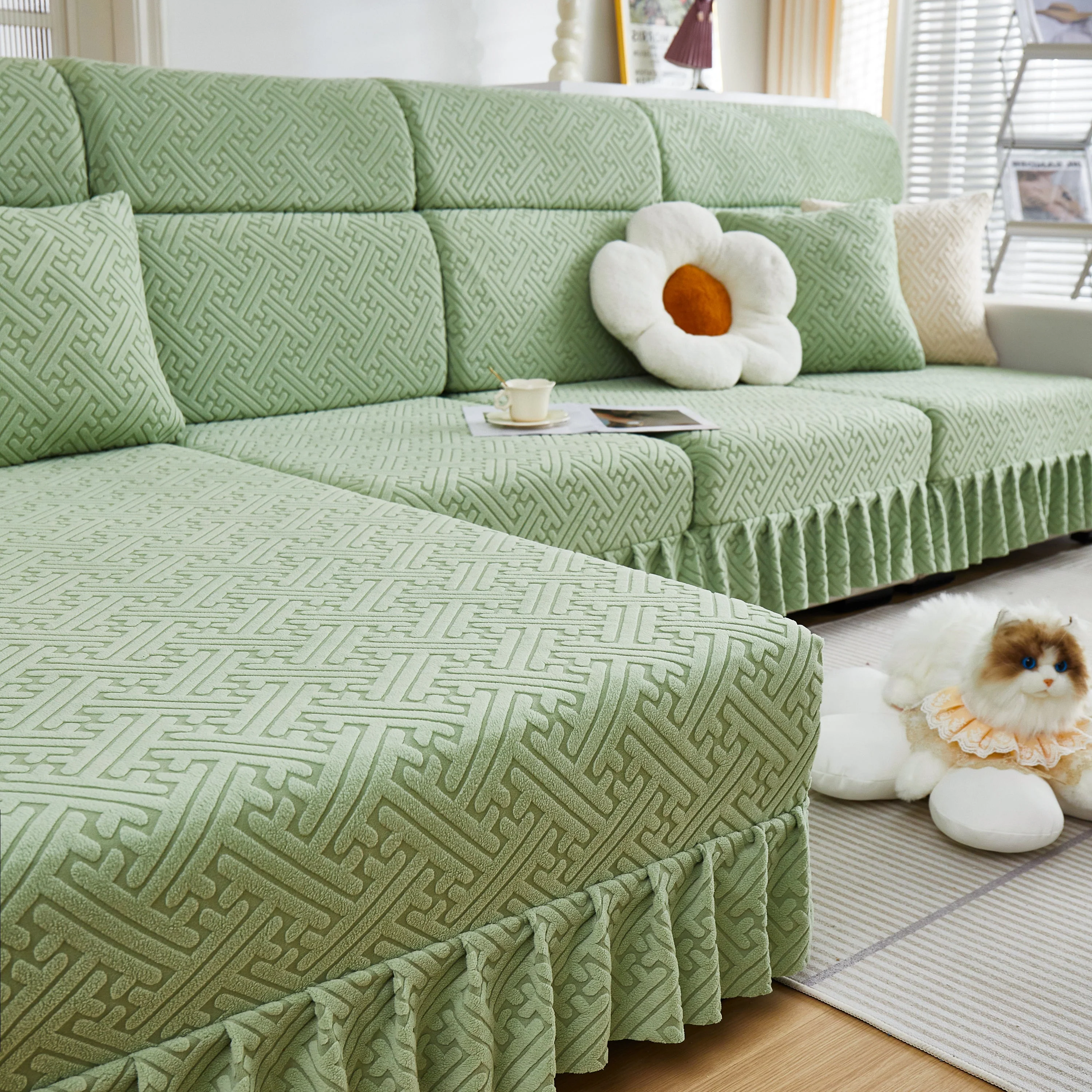 Stretch Sofa Covers with Skirt for Couch Seat and Cushion, Chaise, Sectional, 1/2/3/4 Seater Sofas - Image 94