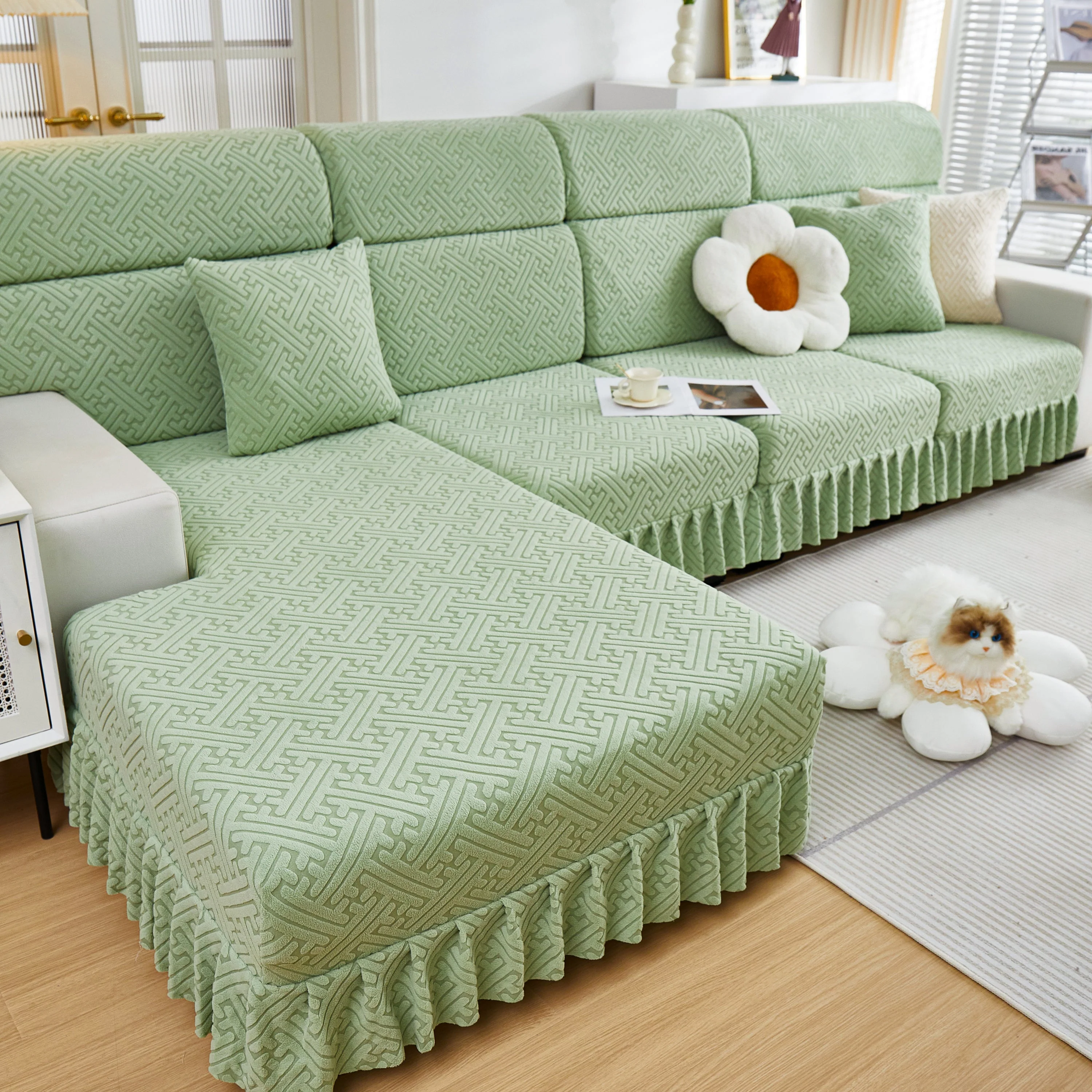 Stretch Sofa Covers with Skirt for Couch Seat and Cushion, Chaise, Sectional, 1/2/3/4 Seater Sofas - Image 96