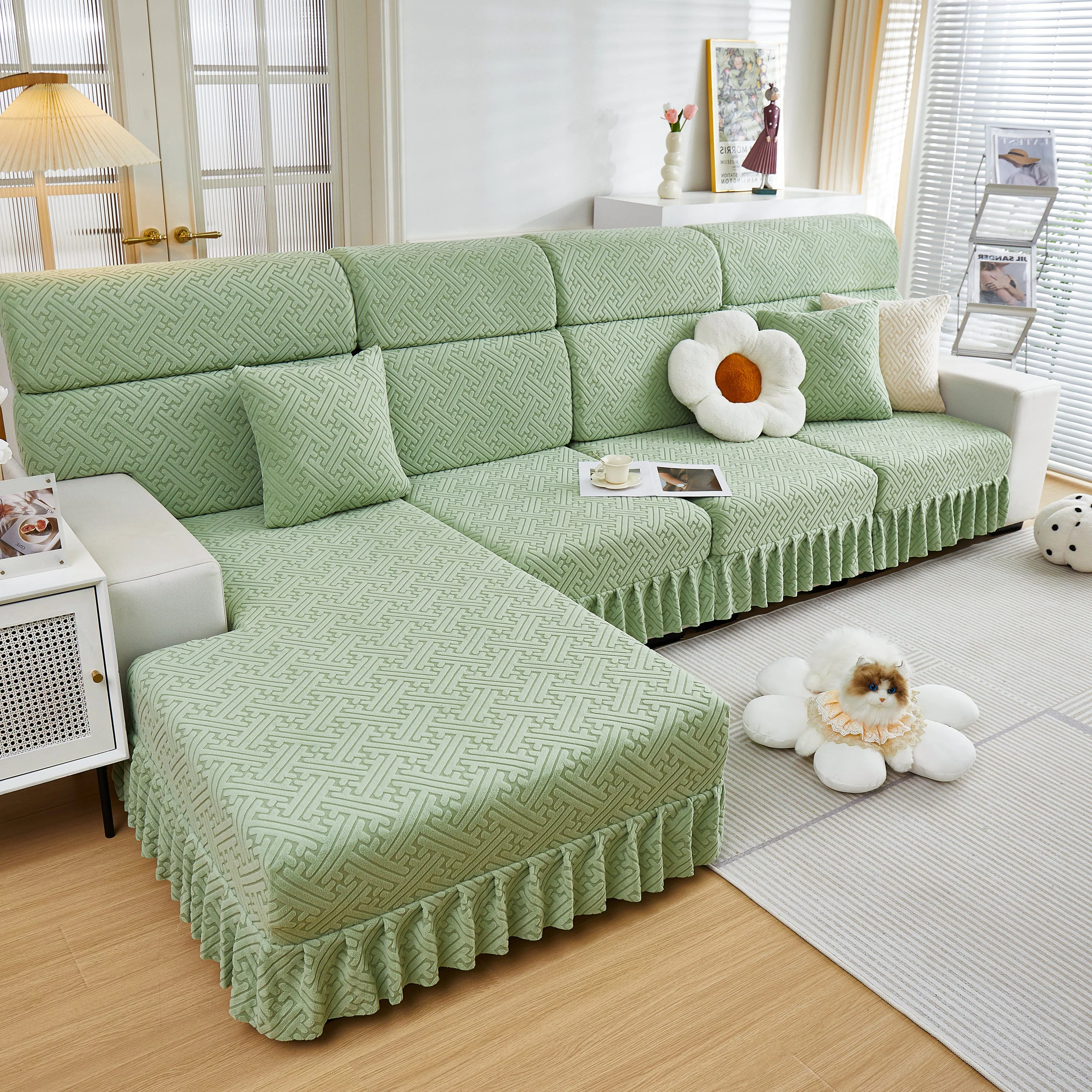 Stretch Sofa Covers with Skirt for Couch Seat and Cushion, Chaise, Sectional, 1/2/3/4 Seater Sofas - Image 97