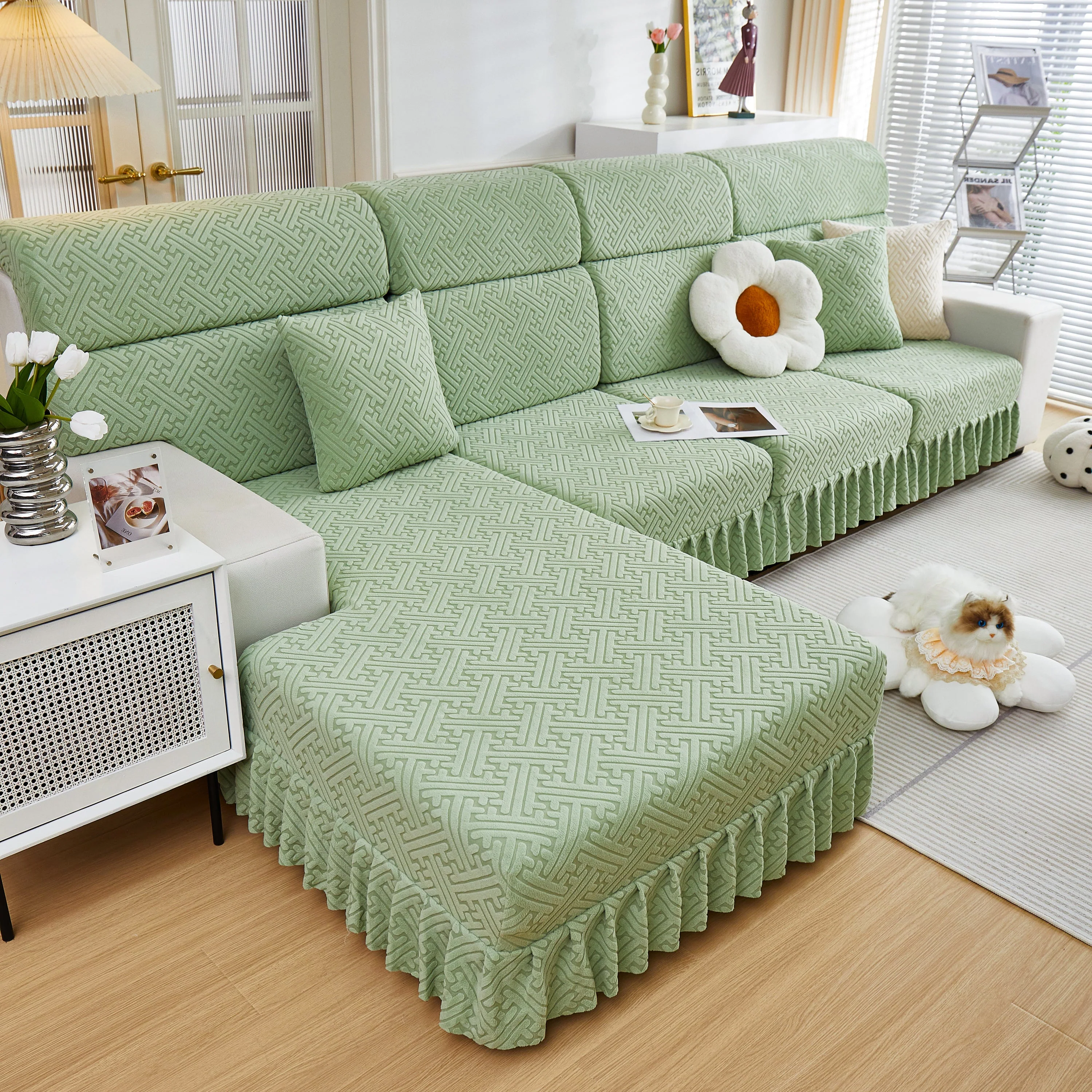 Stretch Sofa Covers with Skirt for Couch Seat and Cushion, Chaise, Sectional, 1/2/3/4 Seater Sofas - Image 98