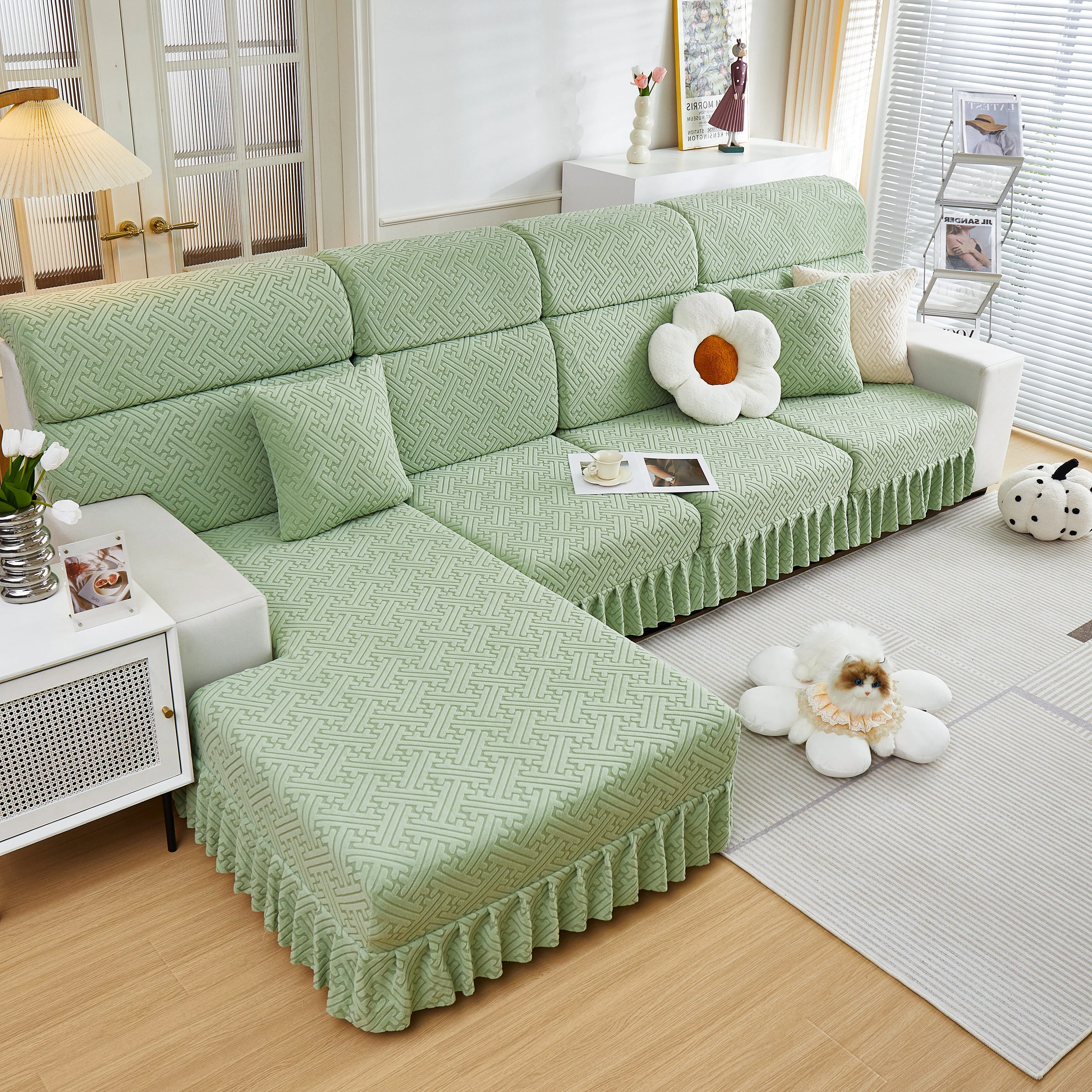 Stretch Sofa Covers with Skirt for Couch Seat and Cushion, Chaise, Sectional, 1/2/3/4 Seater Sofas - Image 99