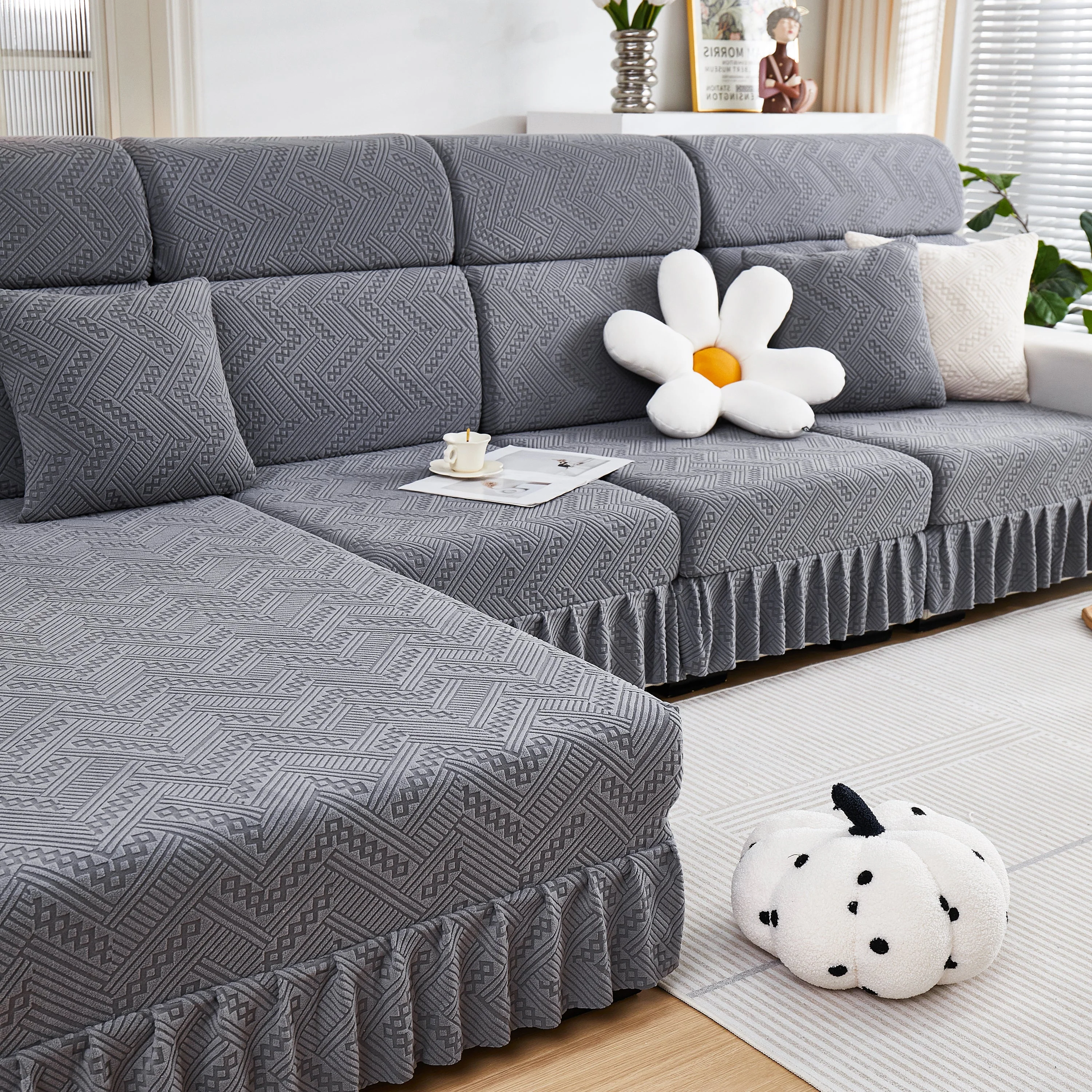 Stretchable Chaise Lounge Sofa Covers and Couch Seat Covers with Skirt for Sectional Couches - Image 10