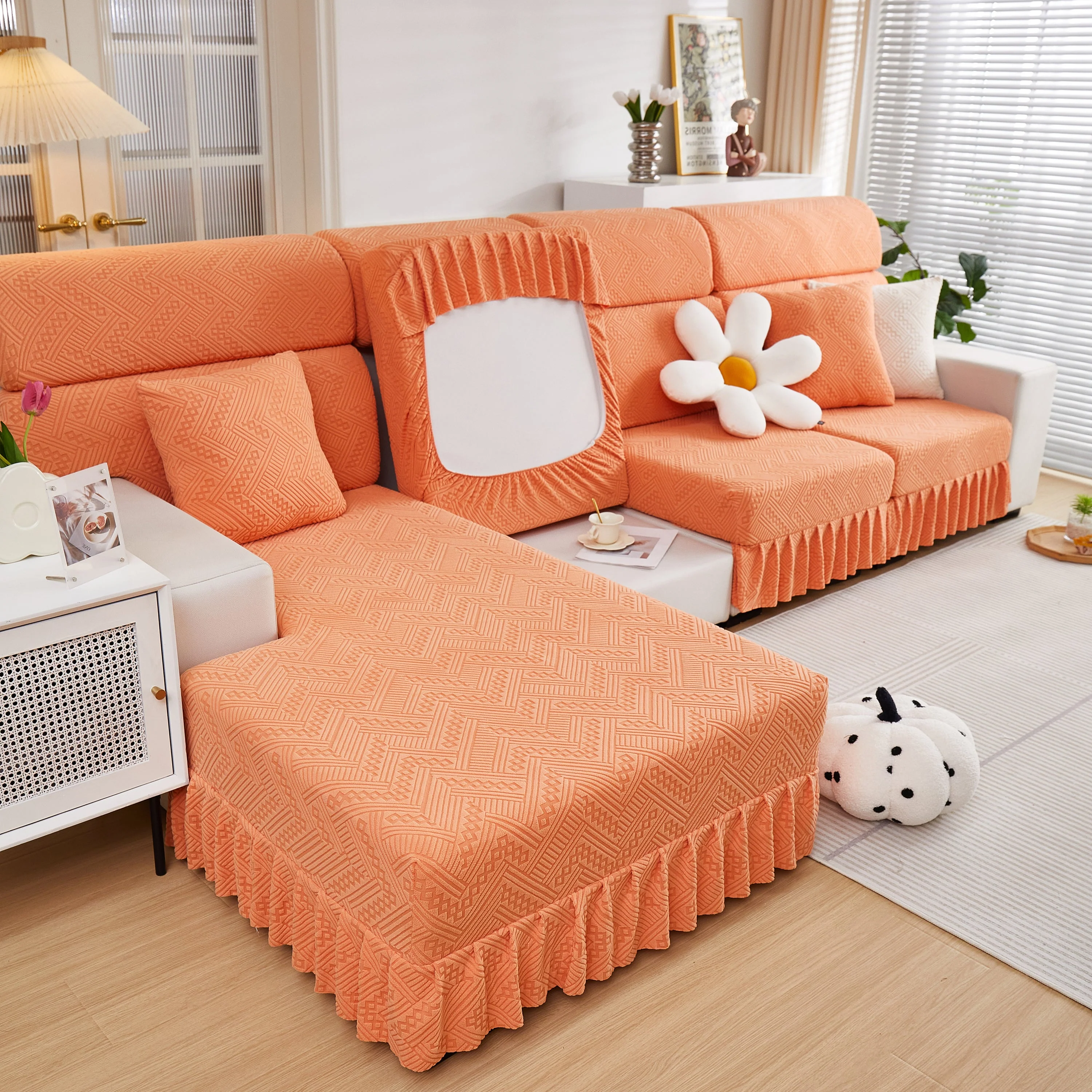 Stretchable Chaise Lounge Sofa Covers and Couch Seat Covers with Skirt for Sectional Couches - Image 103