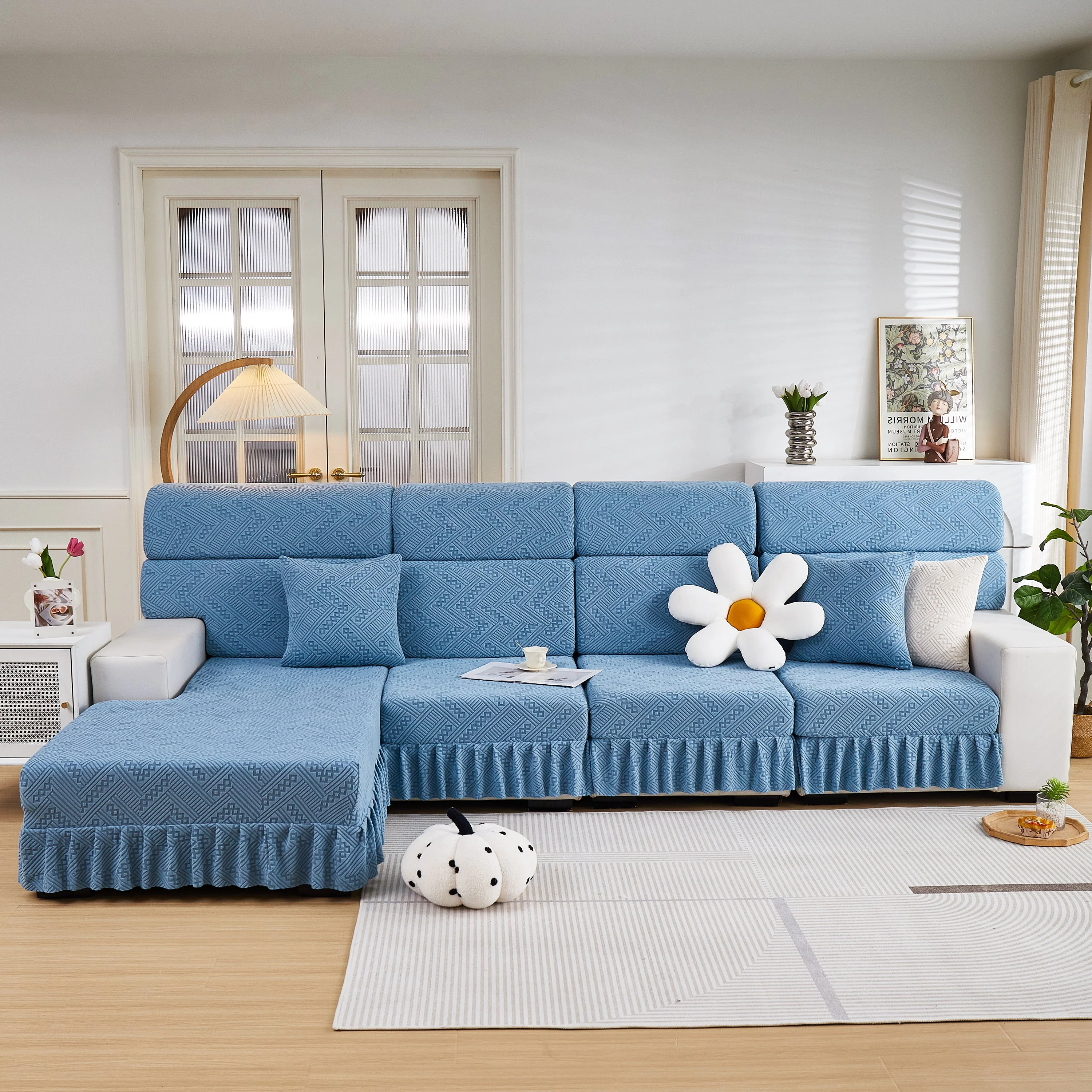 Stretchable Chaise Lounge Sofa Covers and Couch Seat Covers with Skirt for Sectional Couches - Image 109