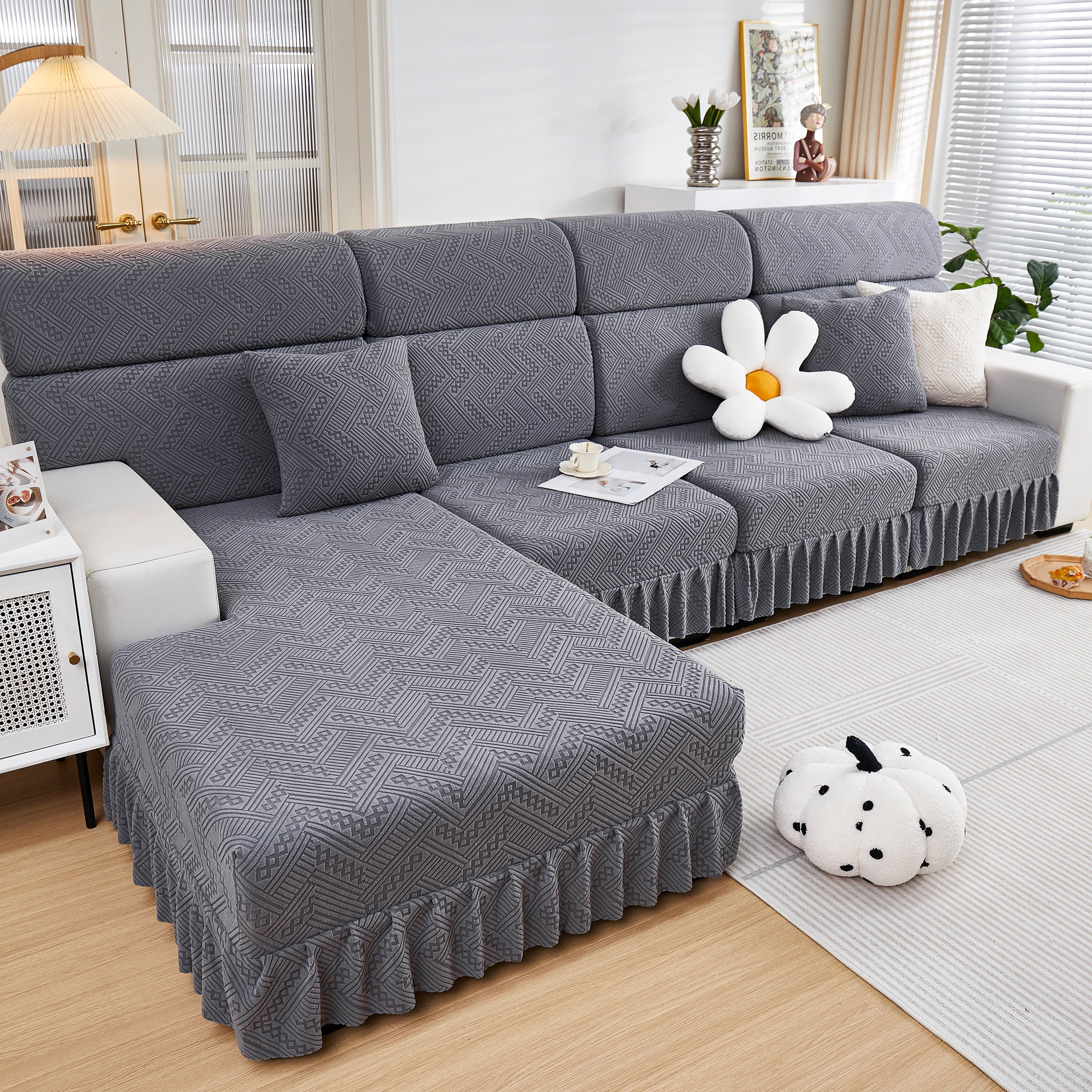 Stretchable Chaise Lounge Sofa Covers and Couch Seat Covers with Skirt for Sectional Couches - Image 11