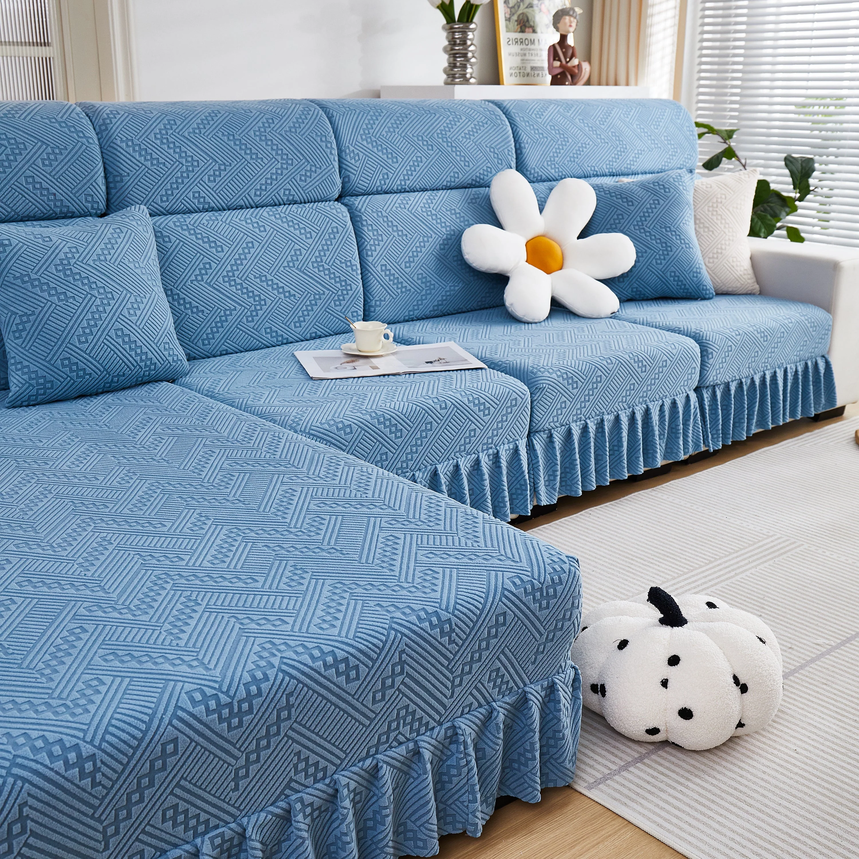 Stretchable Chaise Lounge Sofa Covers and Couch Seat Covers with Skirt for Sectional Couches - Image 110