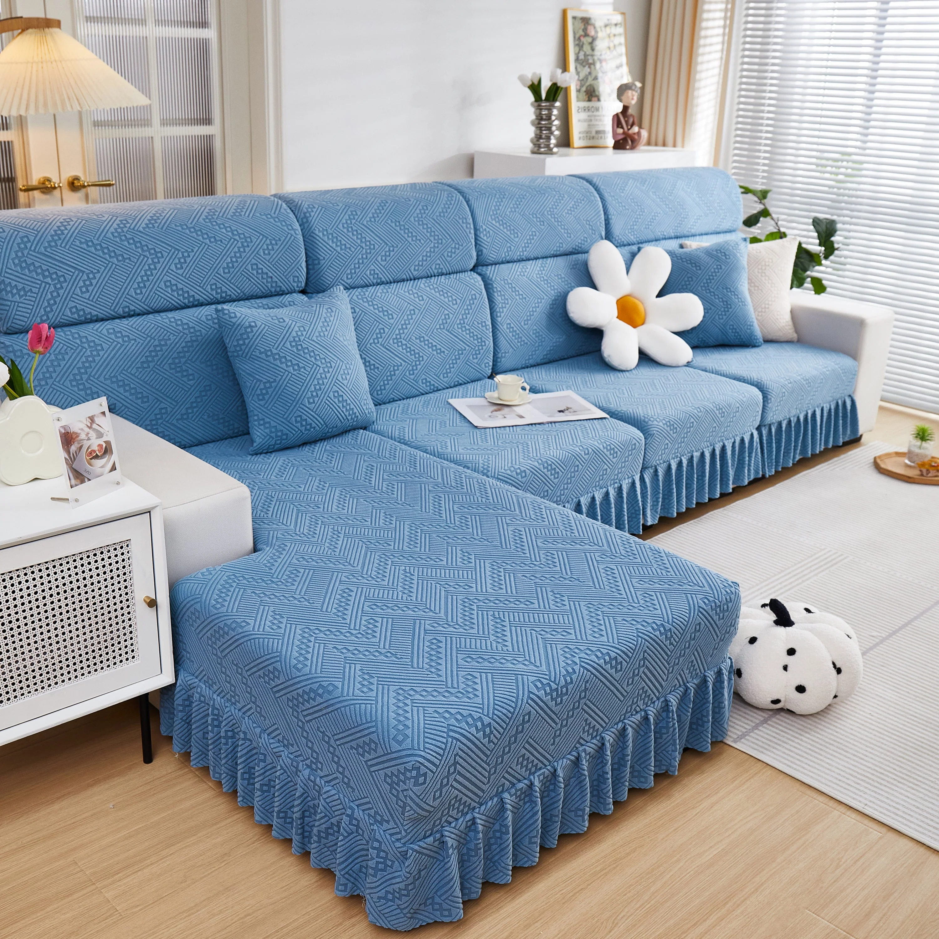Stretchable Chaise Lounge Sofa Covers and Couch Seat Covers with Skirt for Sectional Couches - Image 112