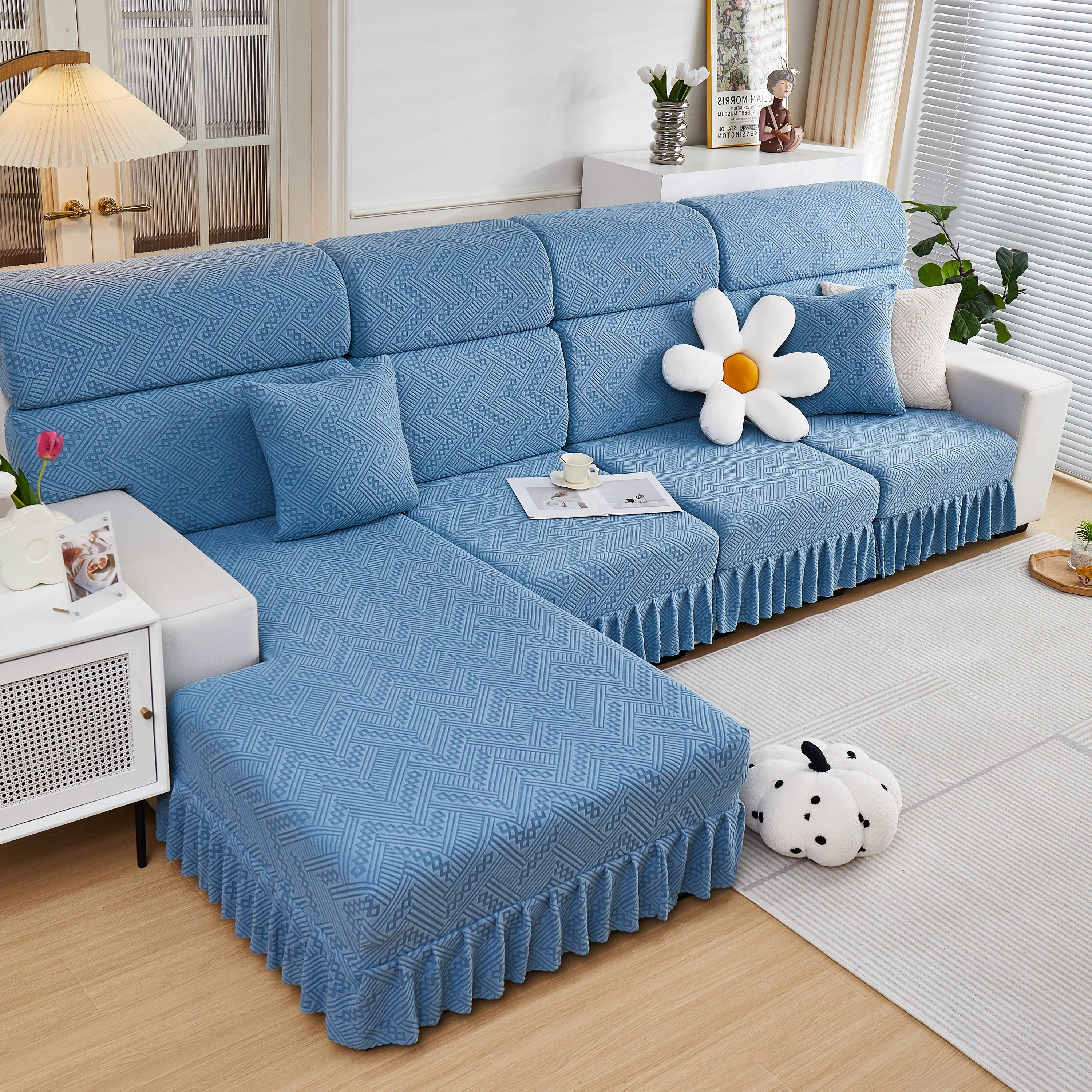 Stretchable Chaise Lounge Sofa Covers and Couch Seat Covers with Skirt for Sectional Couches - Image 113
