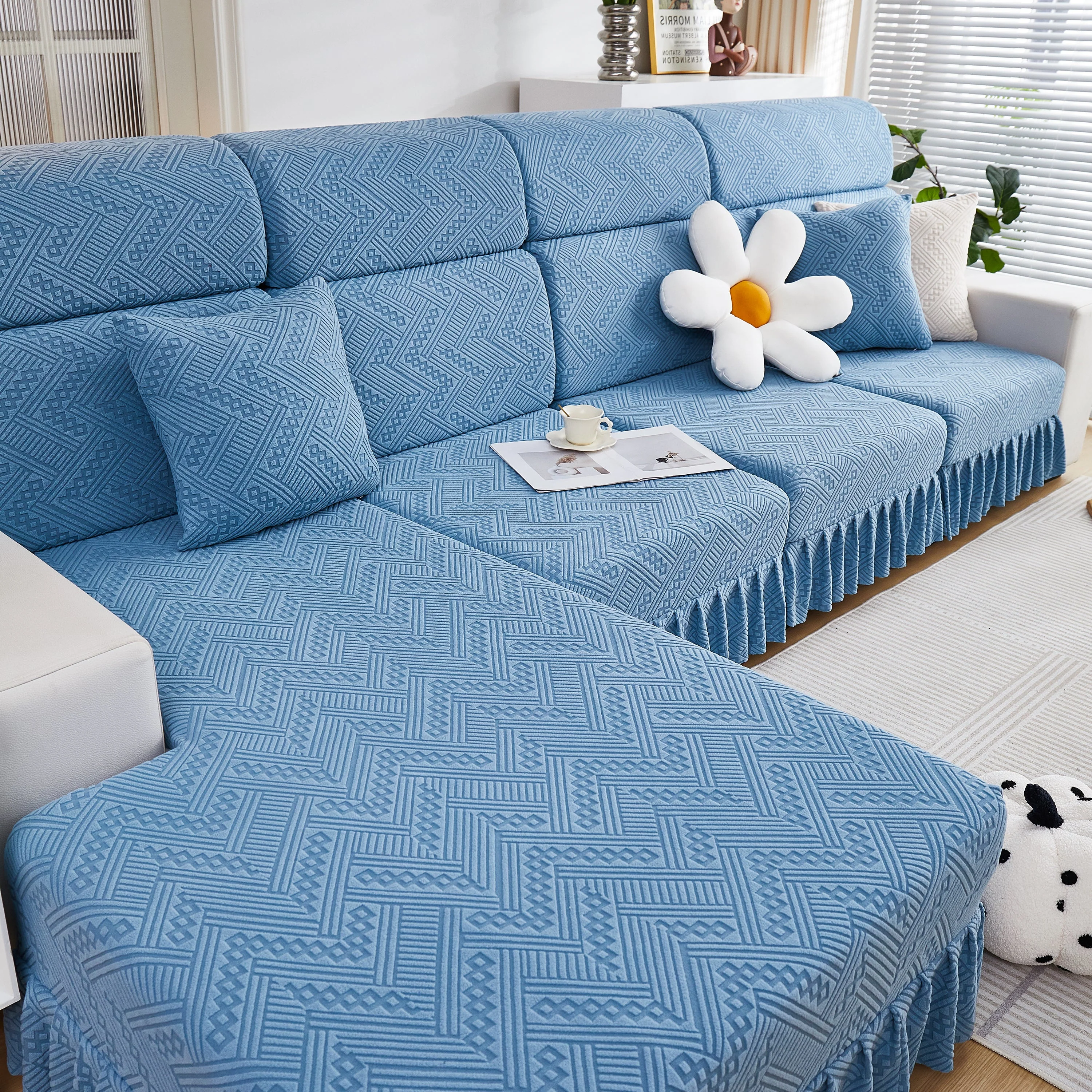 Stretchable Chaise Lounge Sofa Covers and Couch Seat Covers with Skirt for Sectional Couches - Image 114
