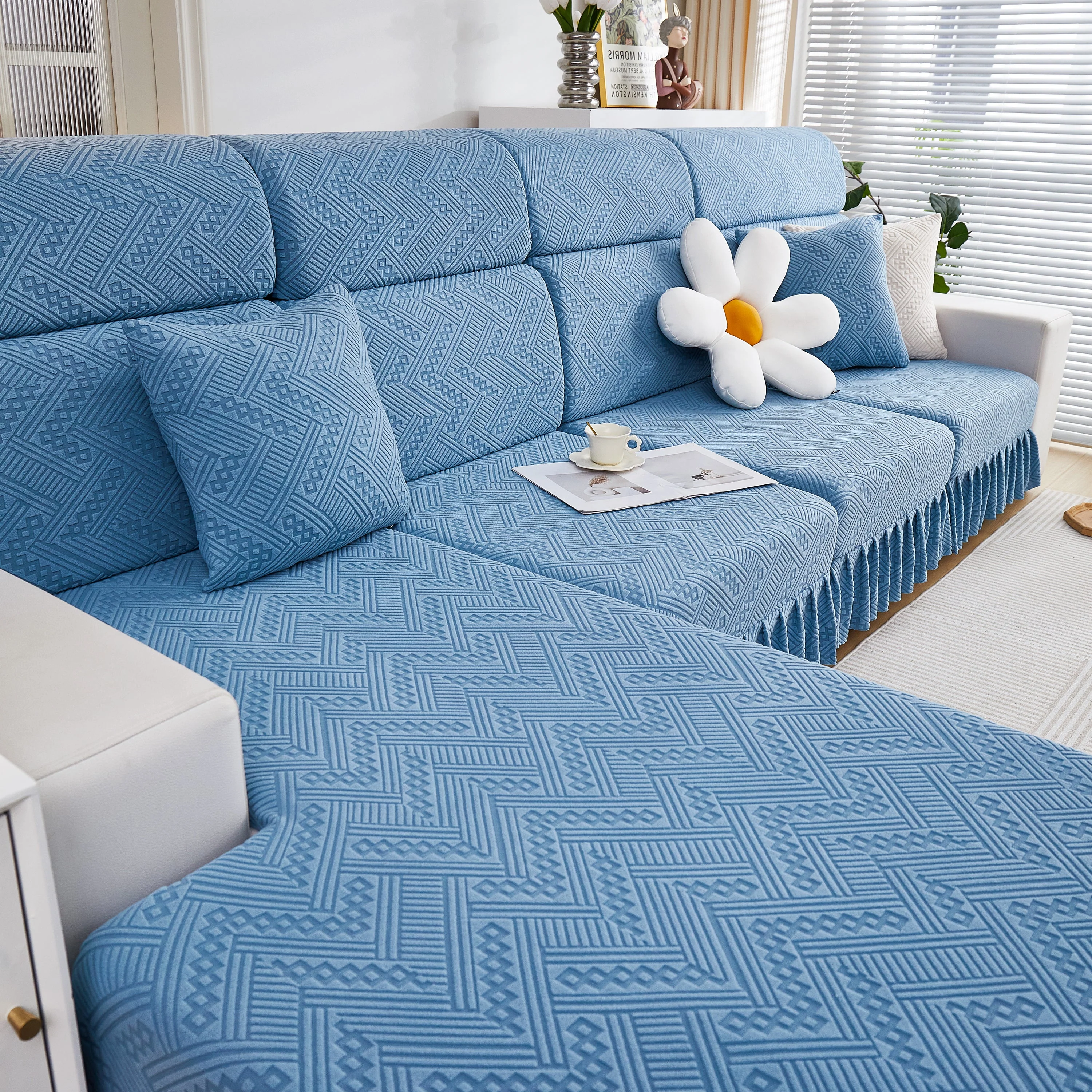 Stretchable Chaise Lounge Sofa Covers and Couch Seat Covers with Skirt for Sectional Couches - Image 117