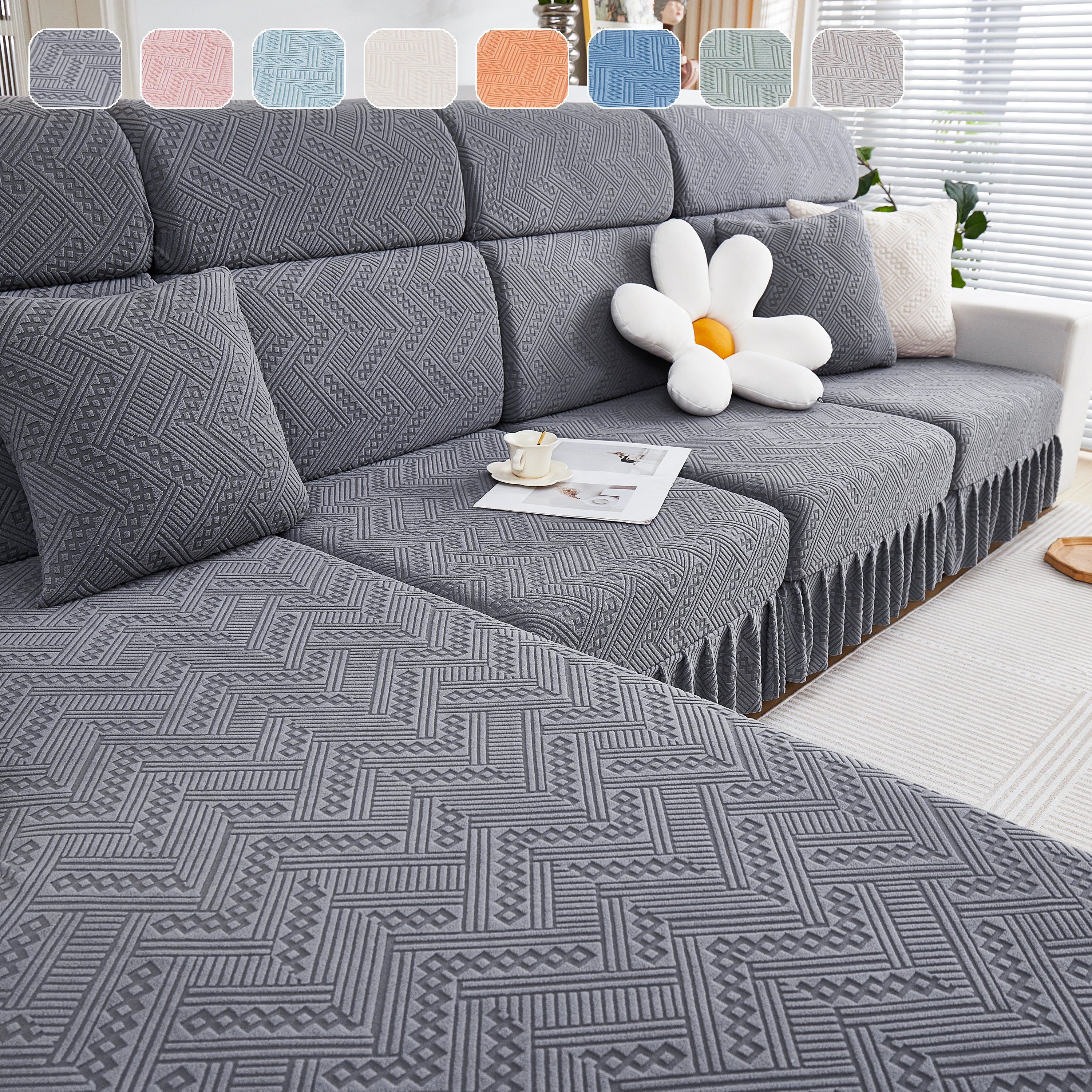 Stretchable Chaise Lounge Sofa Covers and Couch Seat Covers with Skirt for Sectional Couches - Image 12