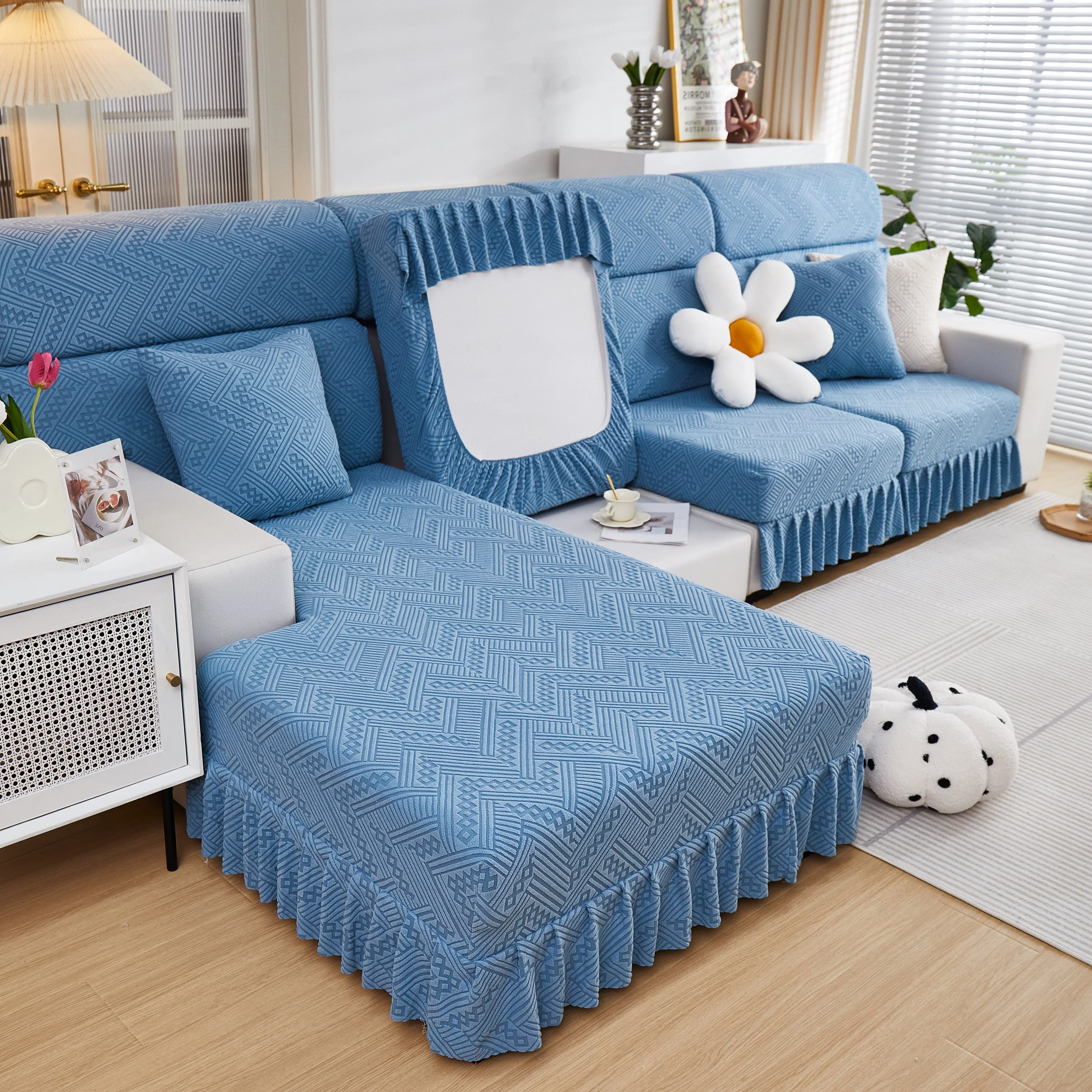 Stretchable Chaise Lounge Sofa Covers and Couch Seat Covers with Skirt for Sectional Couches - Image 123