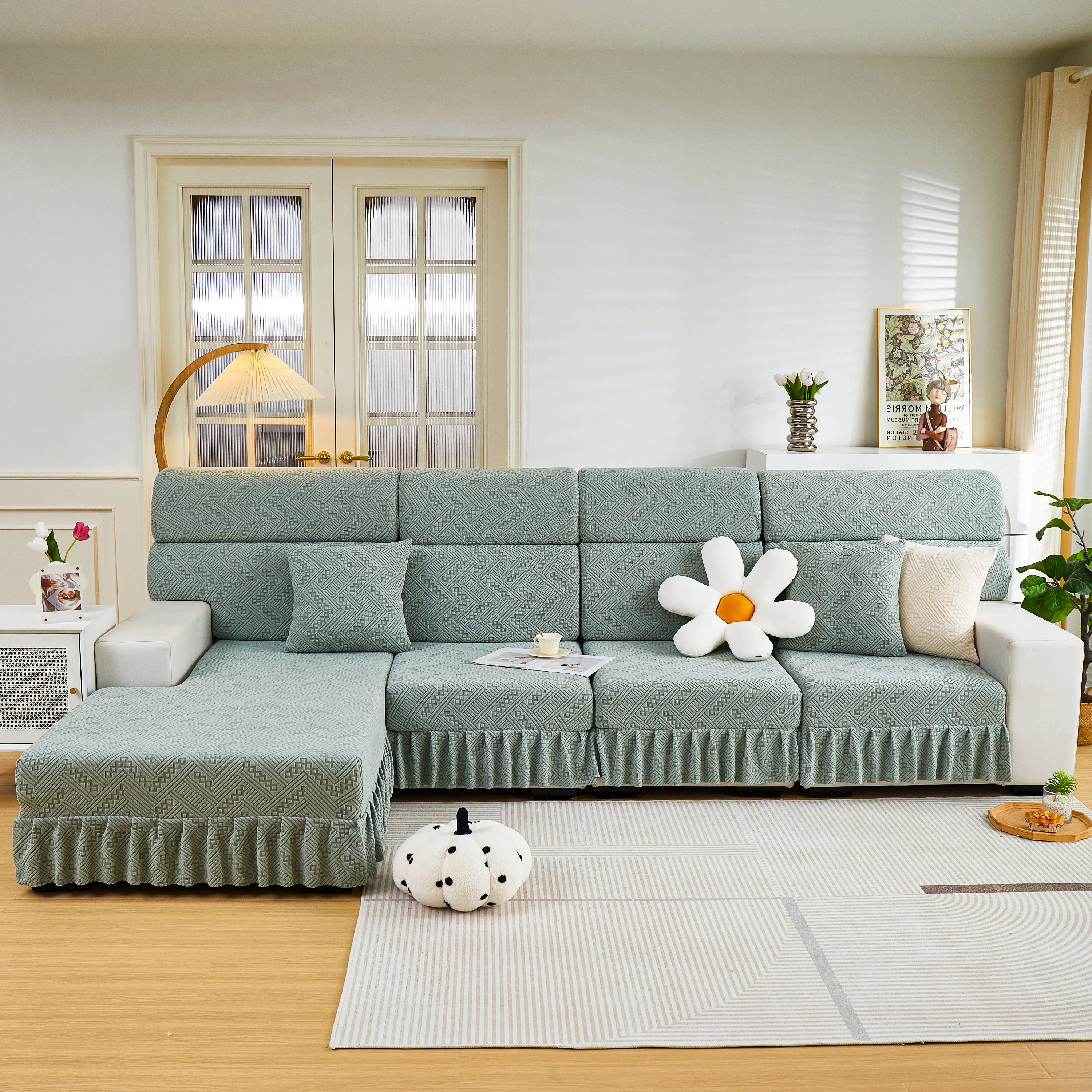 Stretchable Chaise Lounge Sofa Covers and Couch Seat Covers with Skirt for Sectional Couches - Image 129