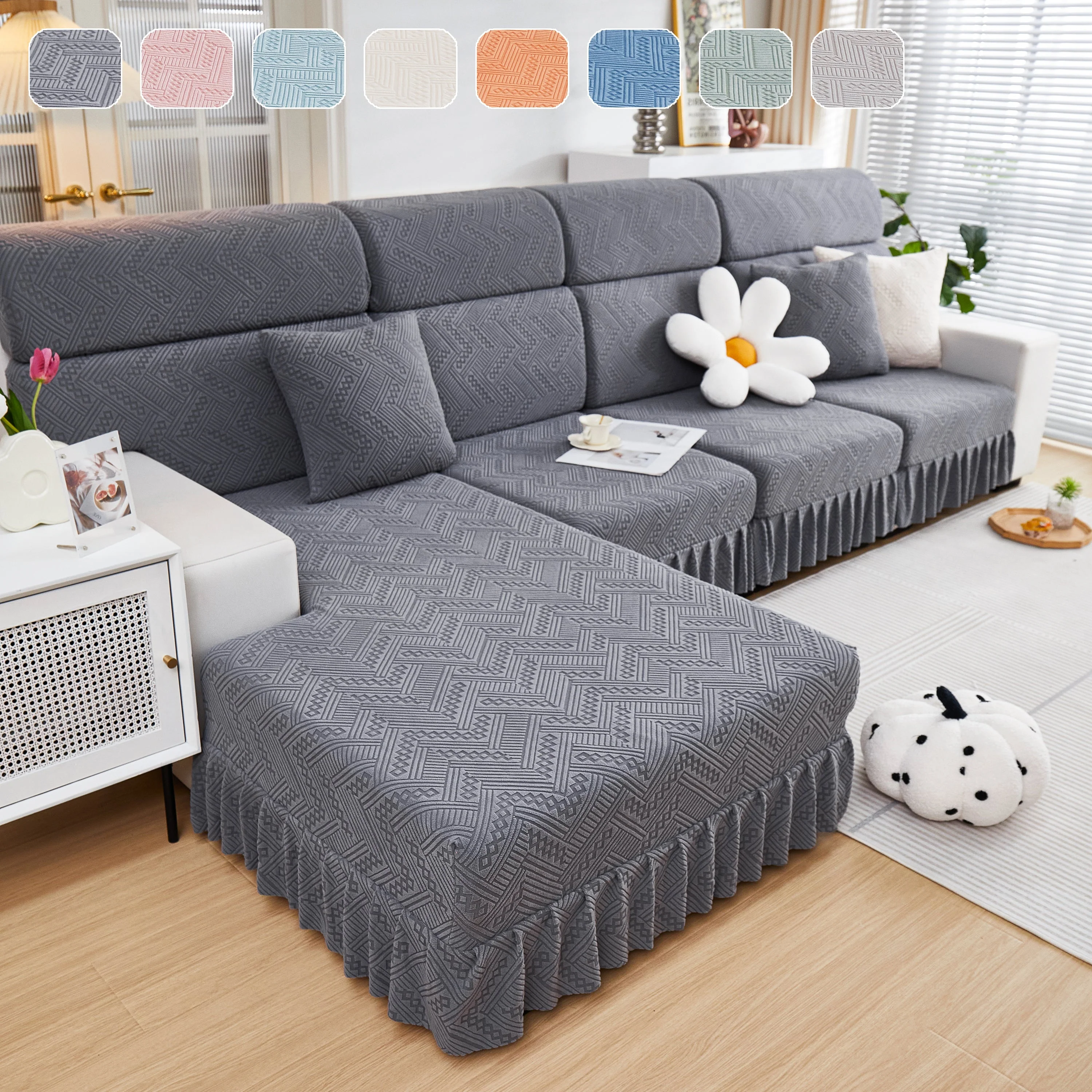 Stretchable Chaise Lounge Sofa Covers and Couch Seat Covers with Skirt for Sectional Couches - Image 13