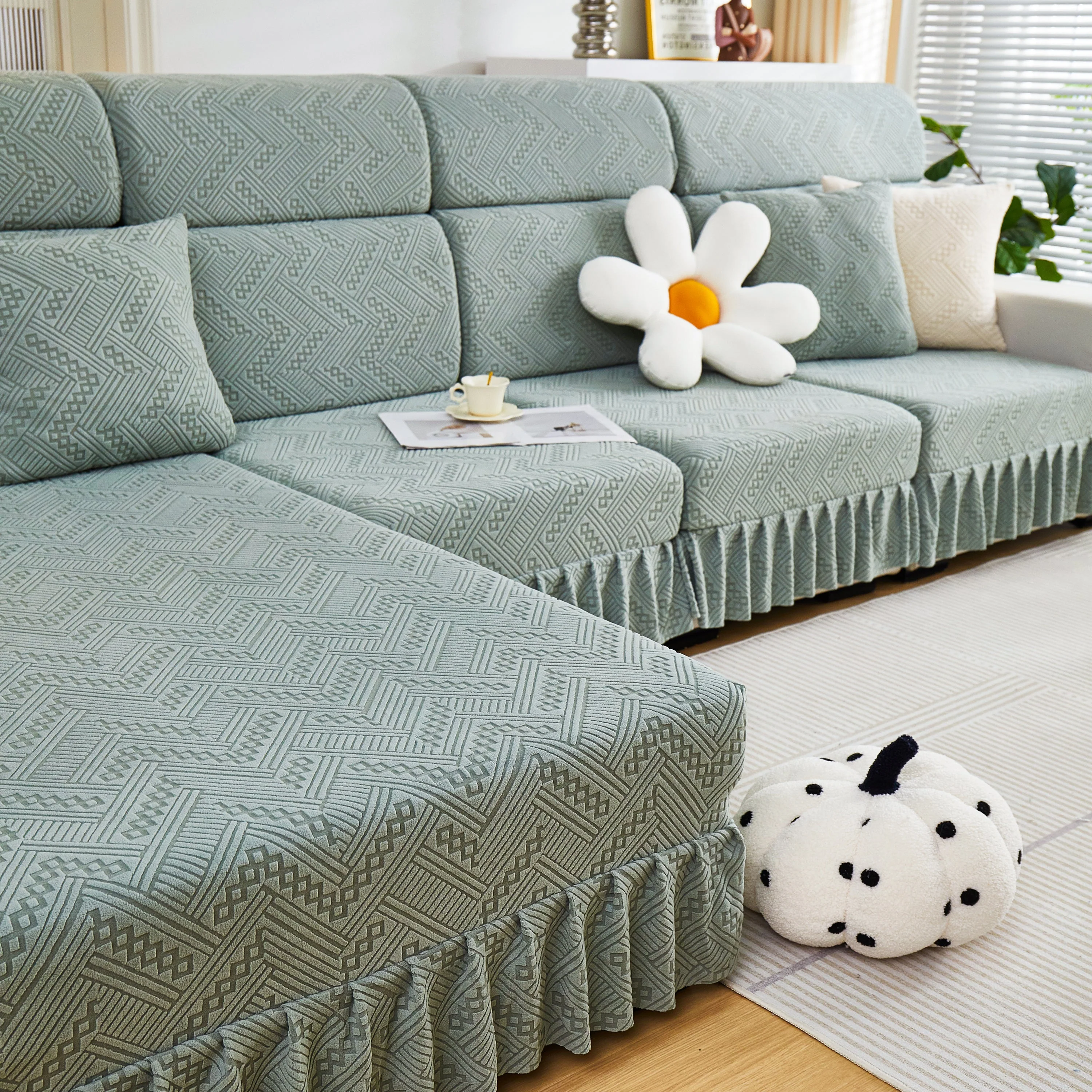 Stretchable Chaise Lounge Sofa Covers and Couch Seat Covers with Skirt for Sectional Couches - Image 130