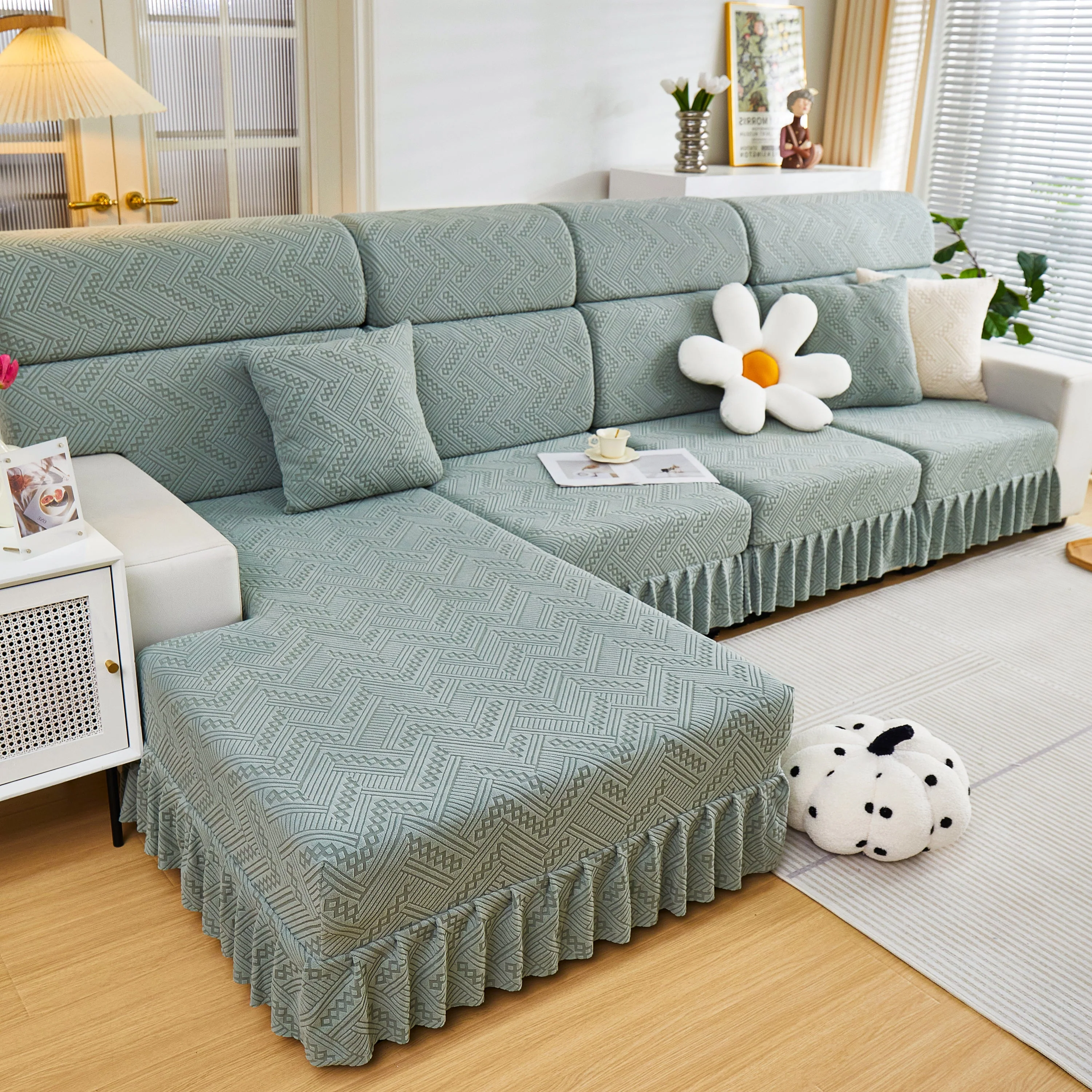 Stretchable Chaise Lounge Sofa Covers and Couch Seat Covers with Skirt for Sectional Couches - Image 132