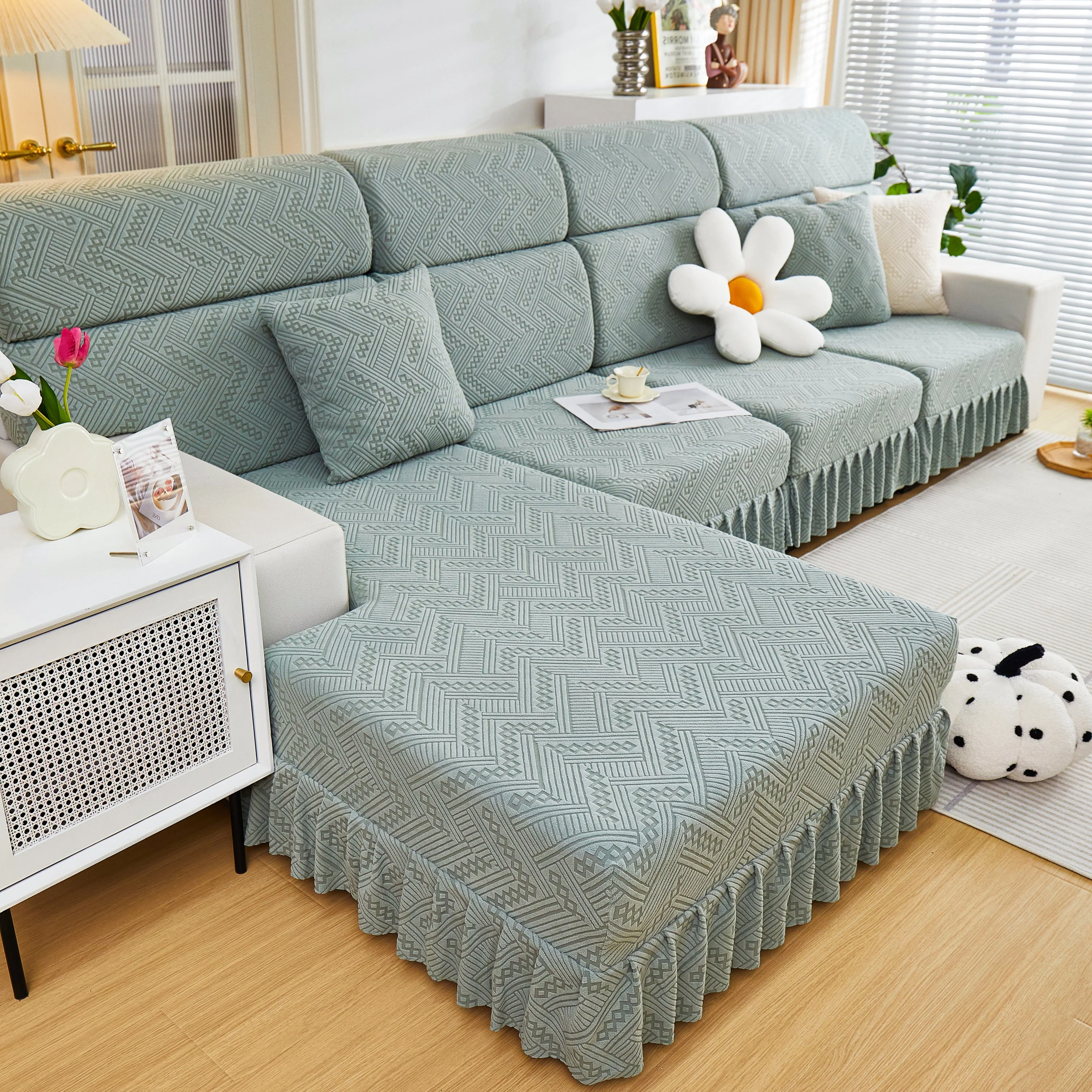 Stretchable Chaise Lounge Sofa Covers and Couch Seat Covers with Skirt for Sectional Couches - Image 133