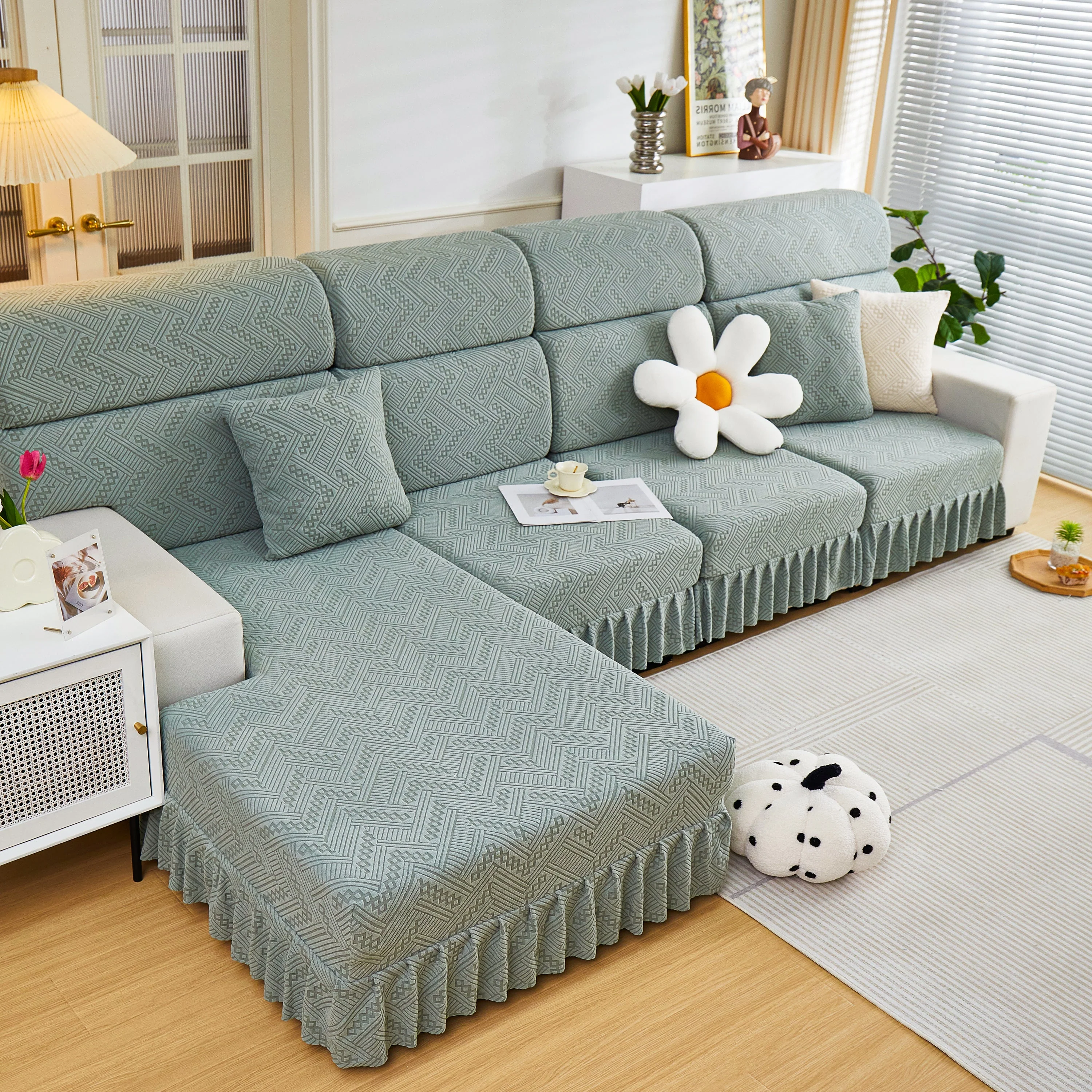 Stretchable Chaise Lounge Sofa Covers and Couch Seat Covers with Skirt for Sectional Couches - Image 134