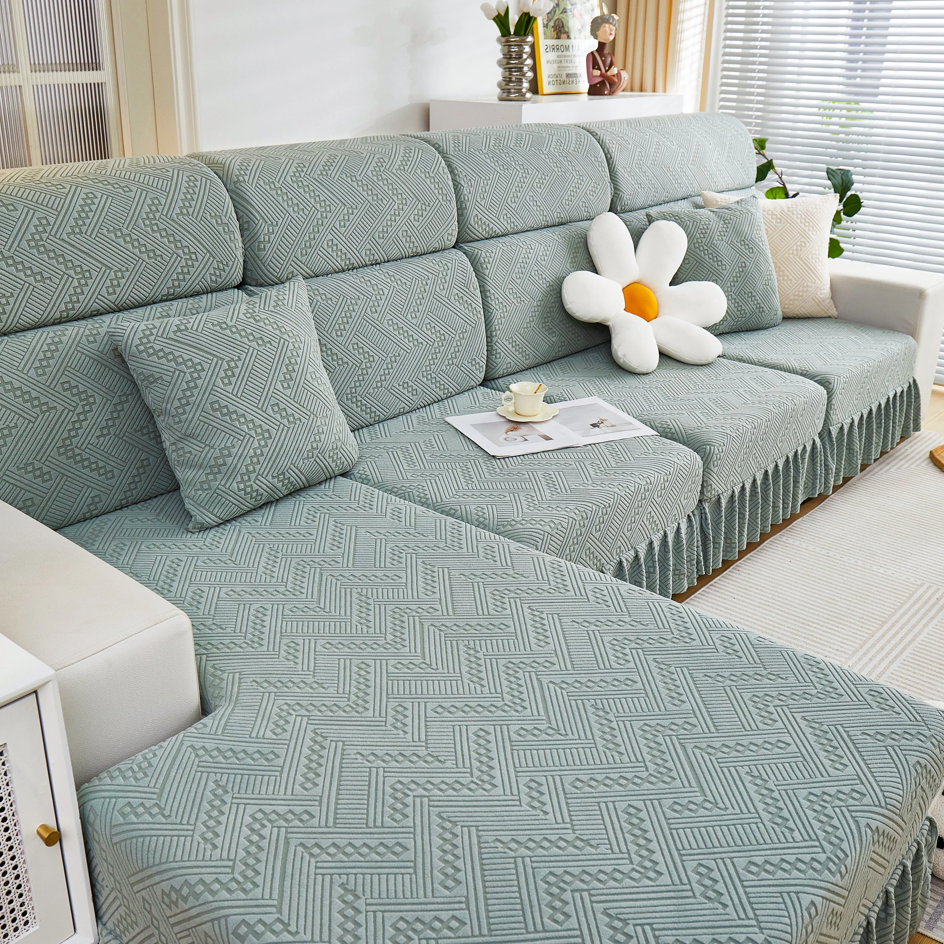 Stretchable Chaise Lounge Sofa Covers and Couch Seat Covers with Skirt for Sectional Couches - Image 135