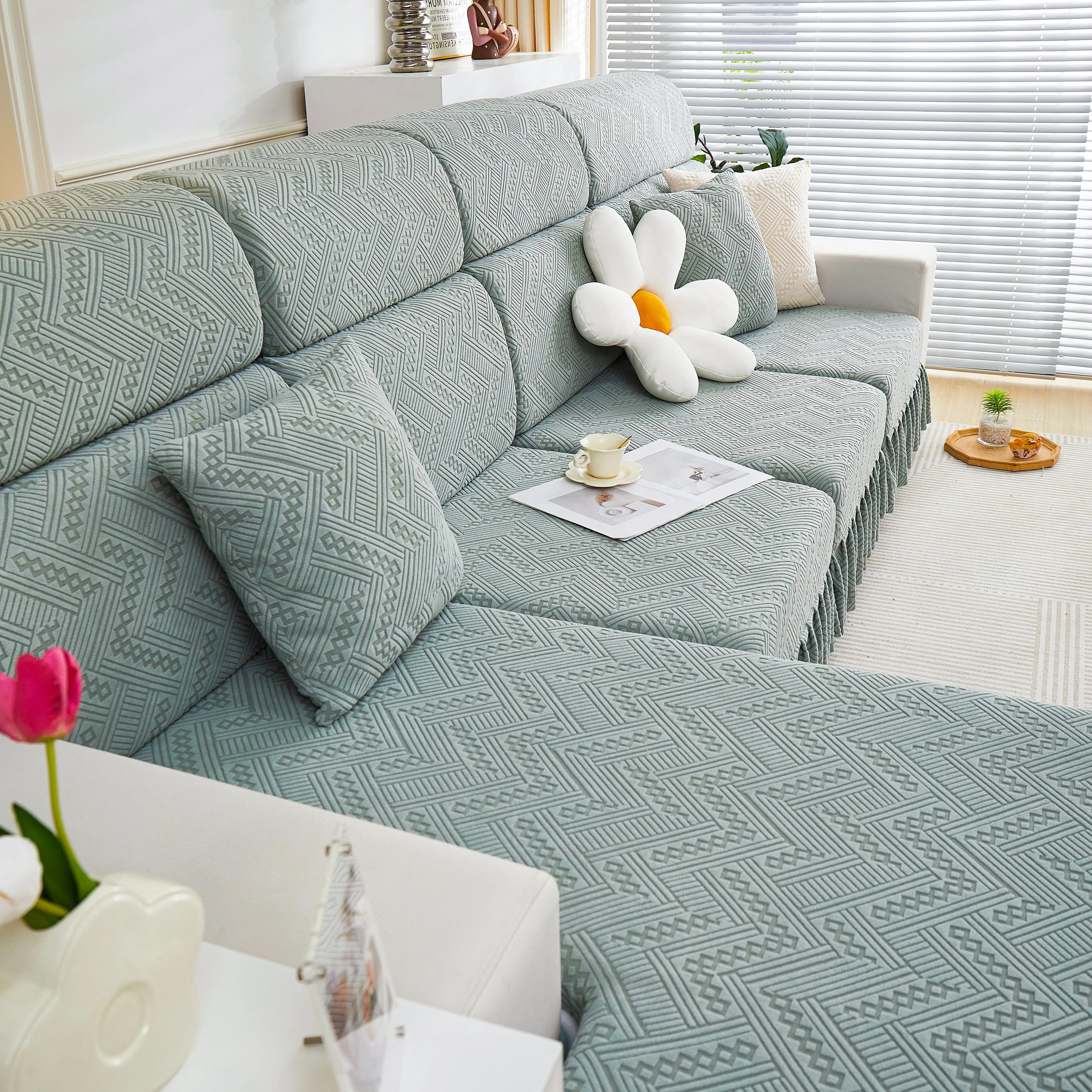 Stretchable Chaise Lounge Sofa Covers and Couch Seat Covers with Skirt for Sectional Couches - Image 136