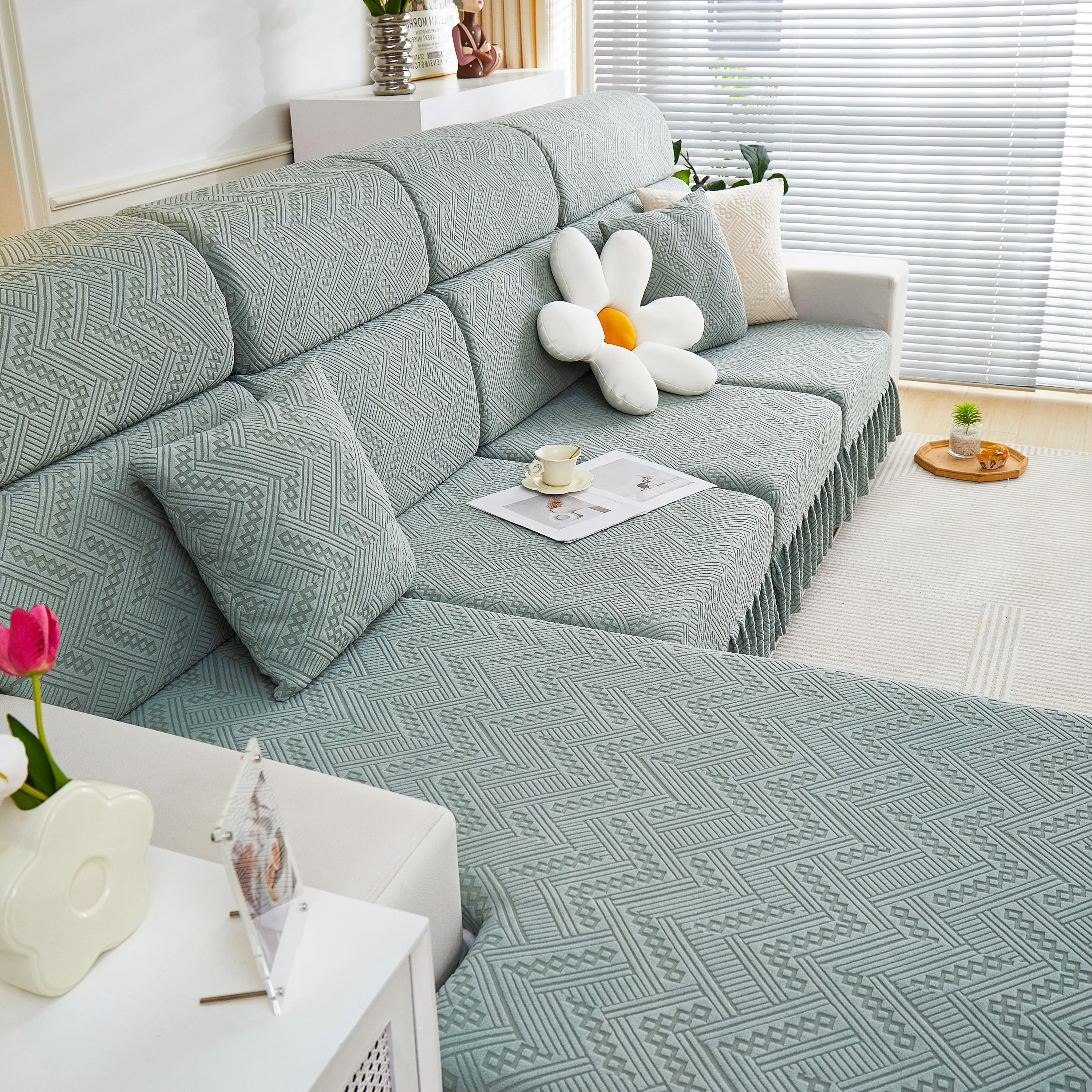 Stretchable Chaise Lounge Sofa Covers and Couch Seat Covers with Skirt for Sectional Couches - Image 138