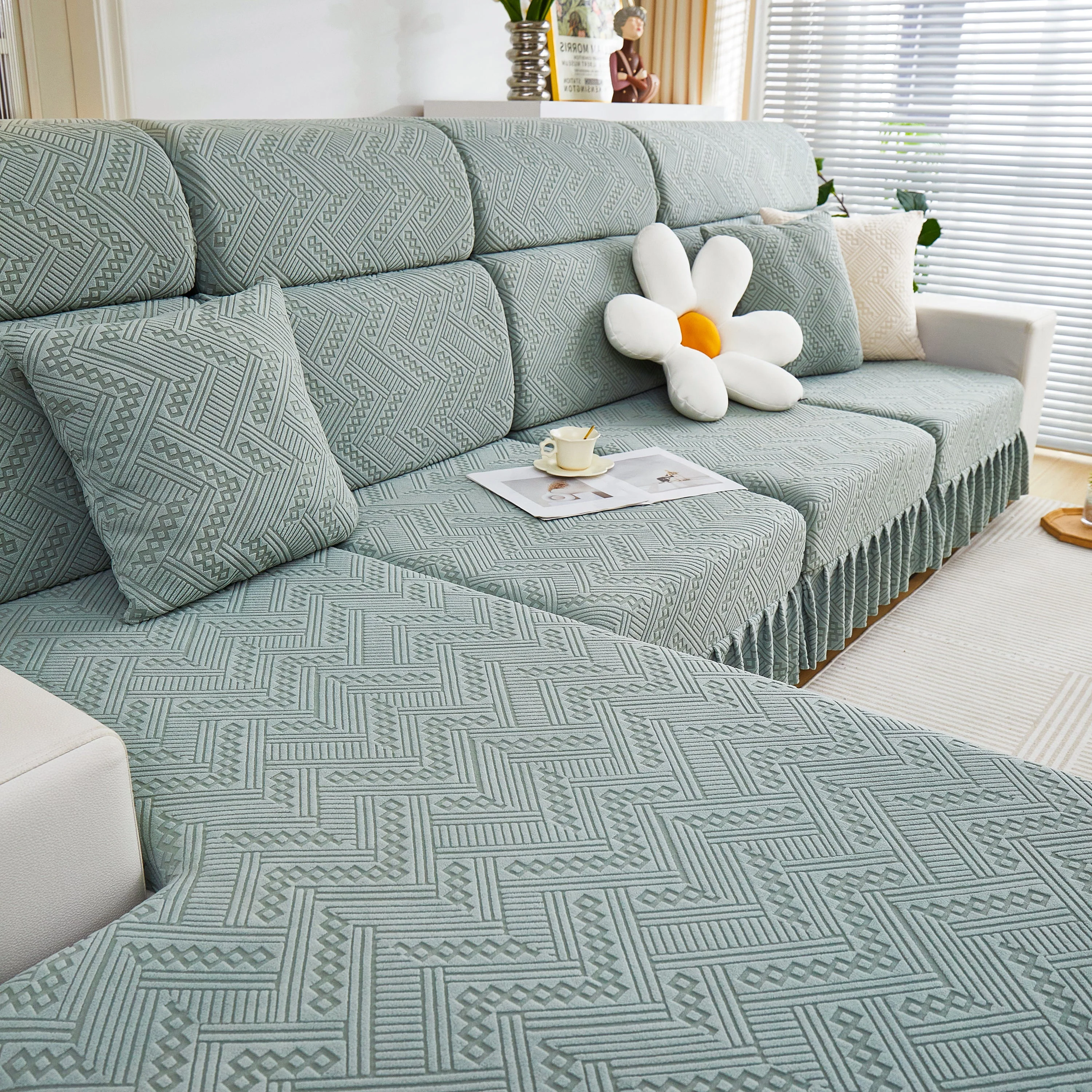 Stretchable Chaise Lounge Sofa Covers and Couch Seat Covers with Skirt for Sectional Couches - Image 139