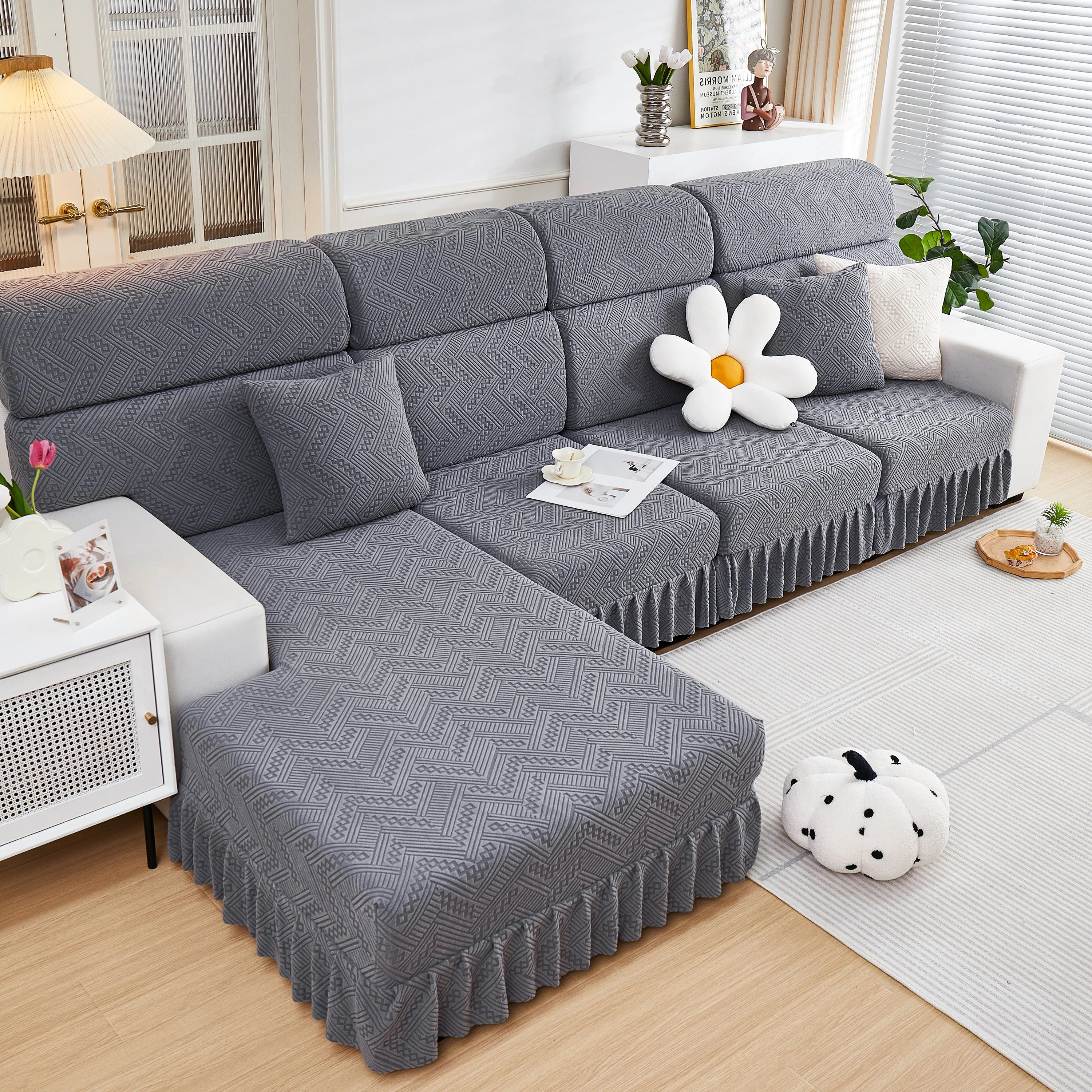 Stretchable Chaise Lounge Sofa Covers and Couch Seat Covers with Skirt for Sectional Couches - Image 14