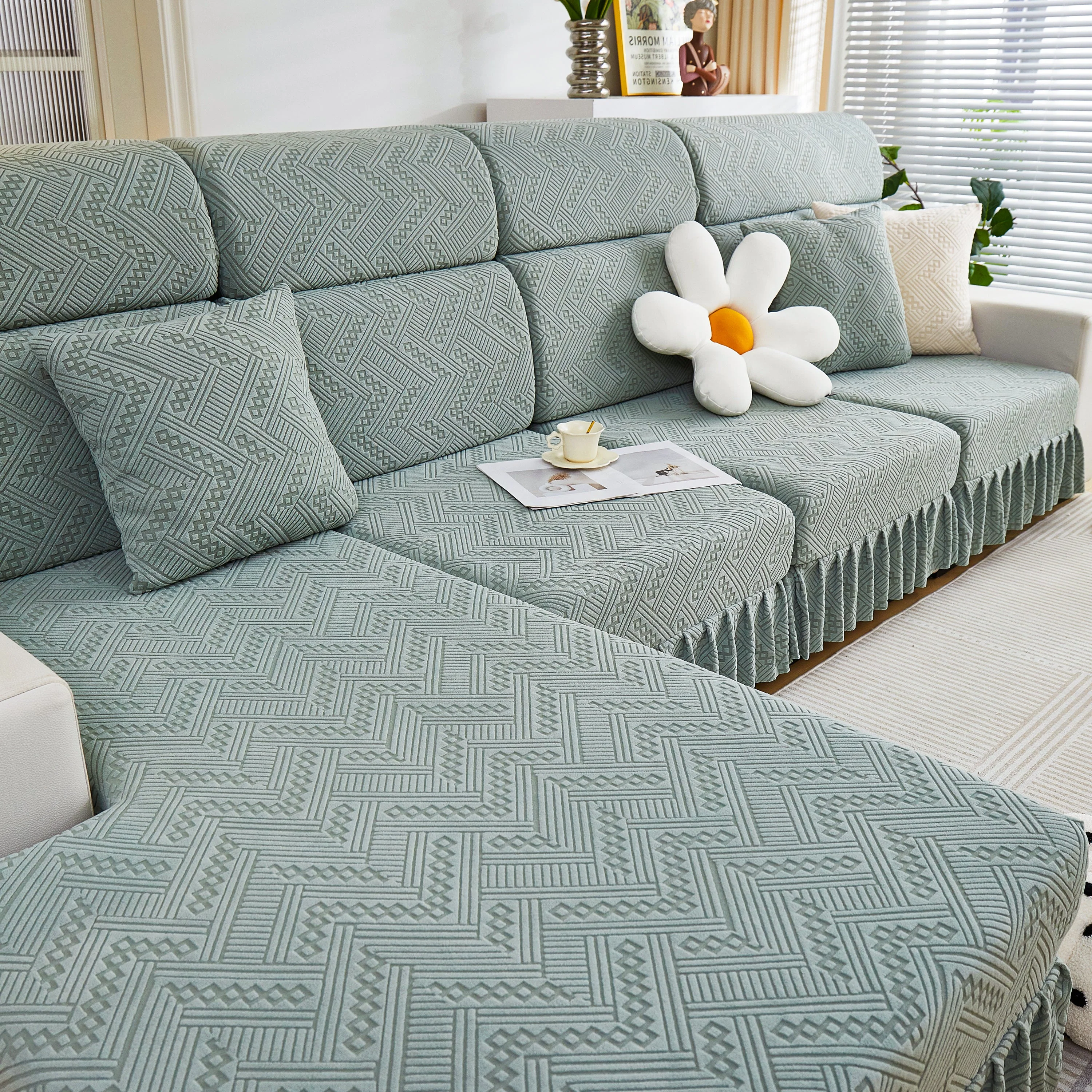 Stretchable Chaise Lounge Sofa Covers and Couch Seat Covers with Skirt for Sectional Couches - Image 141