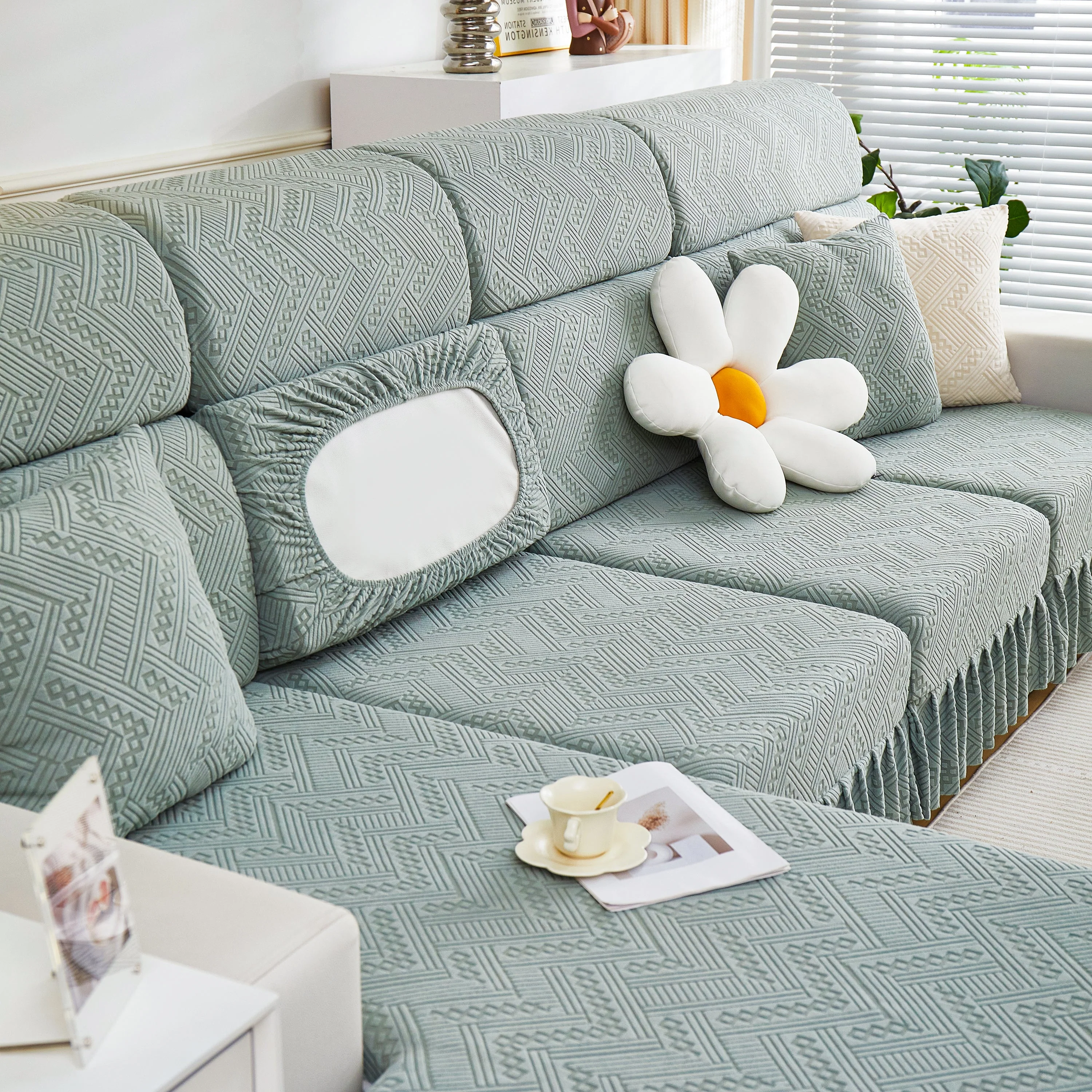 Stretchable Chaise Lounge Sofa Covers and Couch Seat Covers with Skirt for Sectional Couches - Image 143