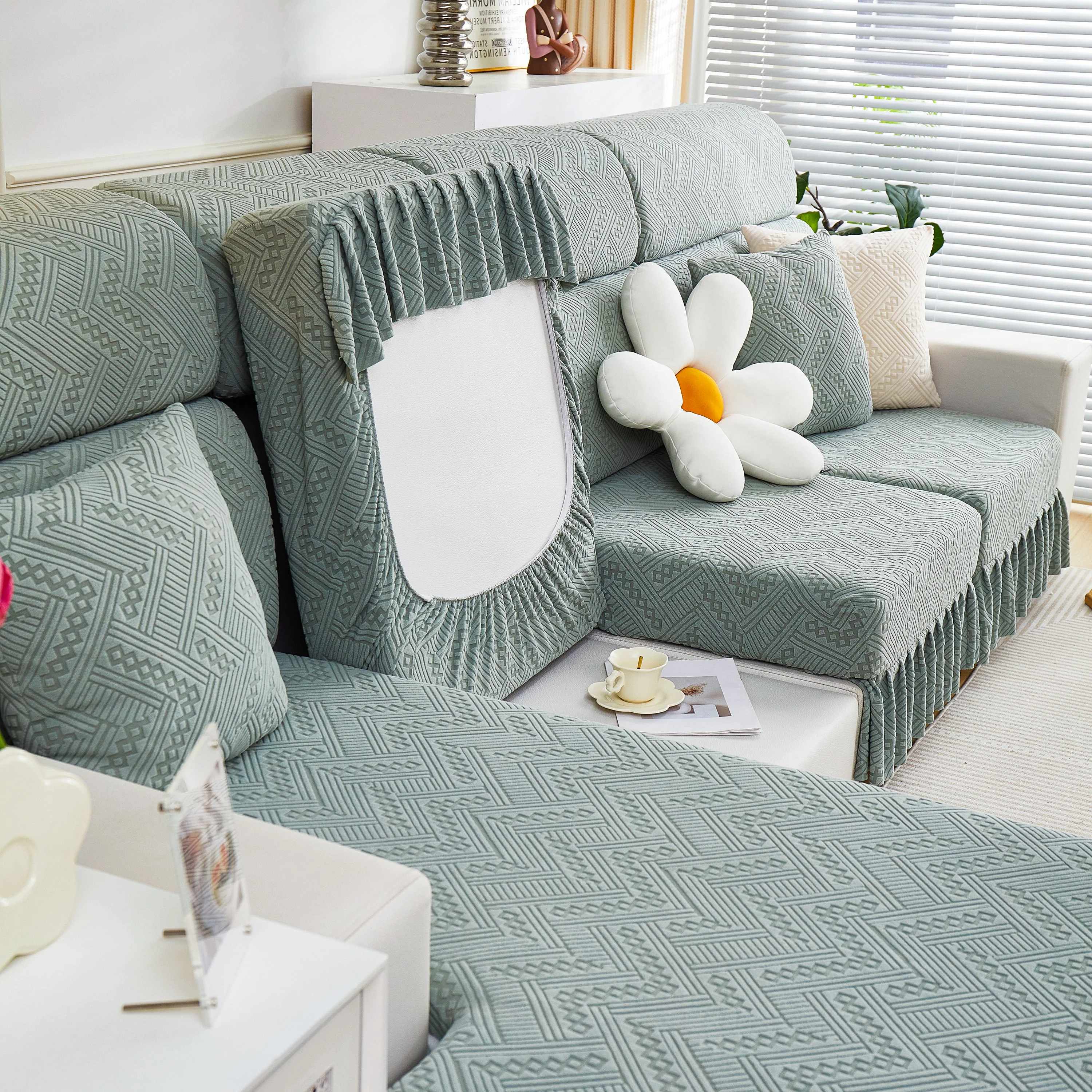 Stretchable Chaise Lounge Sofa Covers and Couch Seat Covers with Skirt for Sectional Couches - Image 144