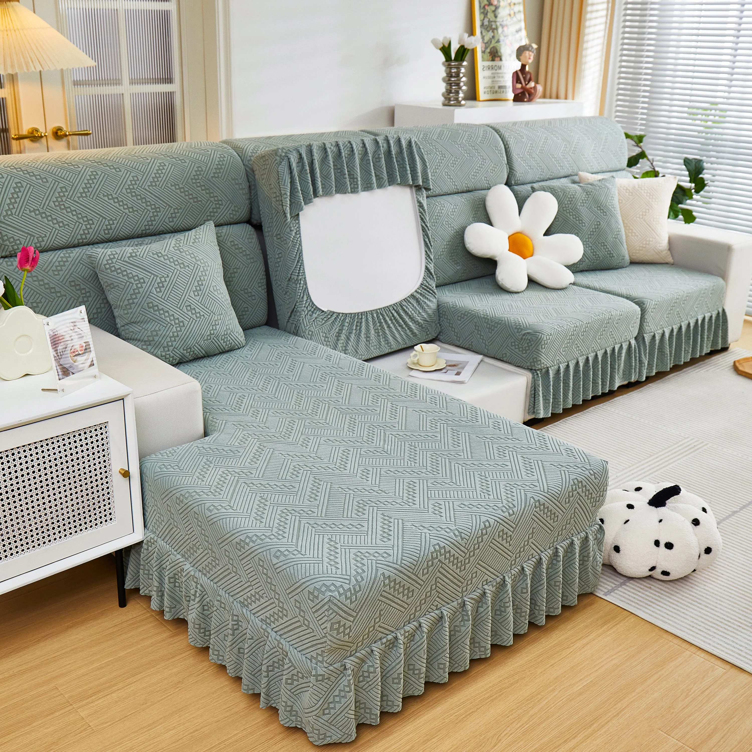Stretchable Chaise Lounge Sofa Covers and Couch Seat Covers with Skirt for Sectional Couches - Image 145